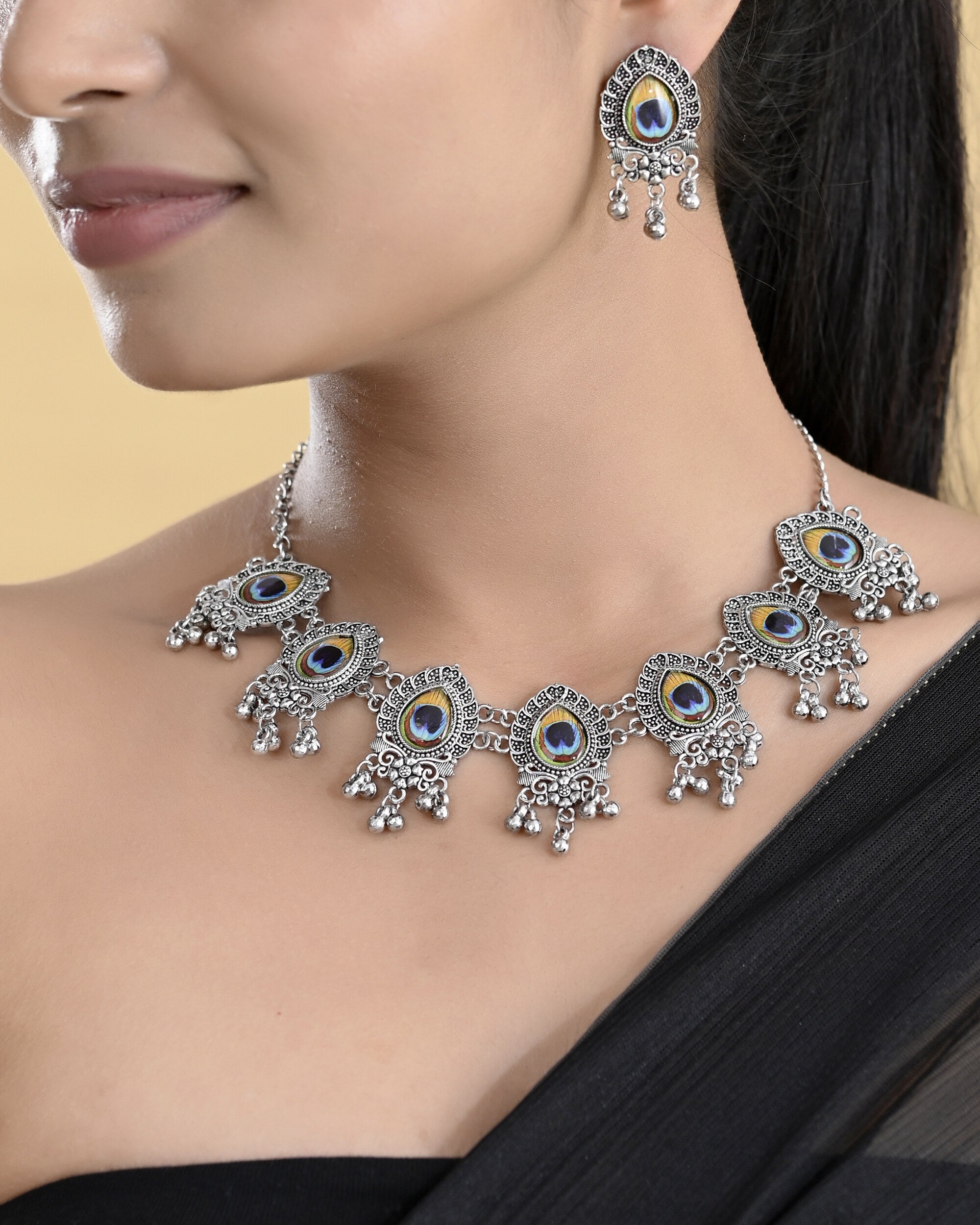 VOJ Silver Toned Peacock Printed Choker Necklace With Earrings Set - Distacart