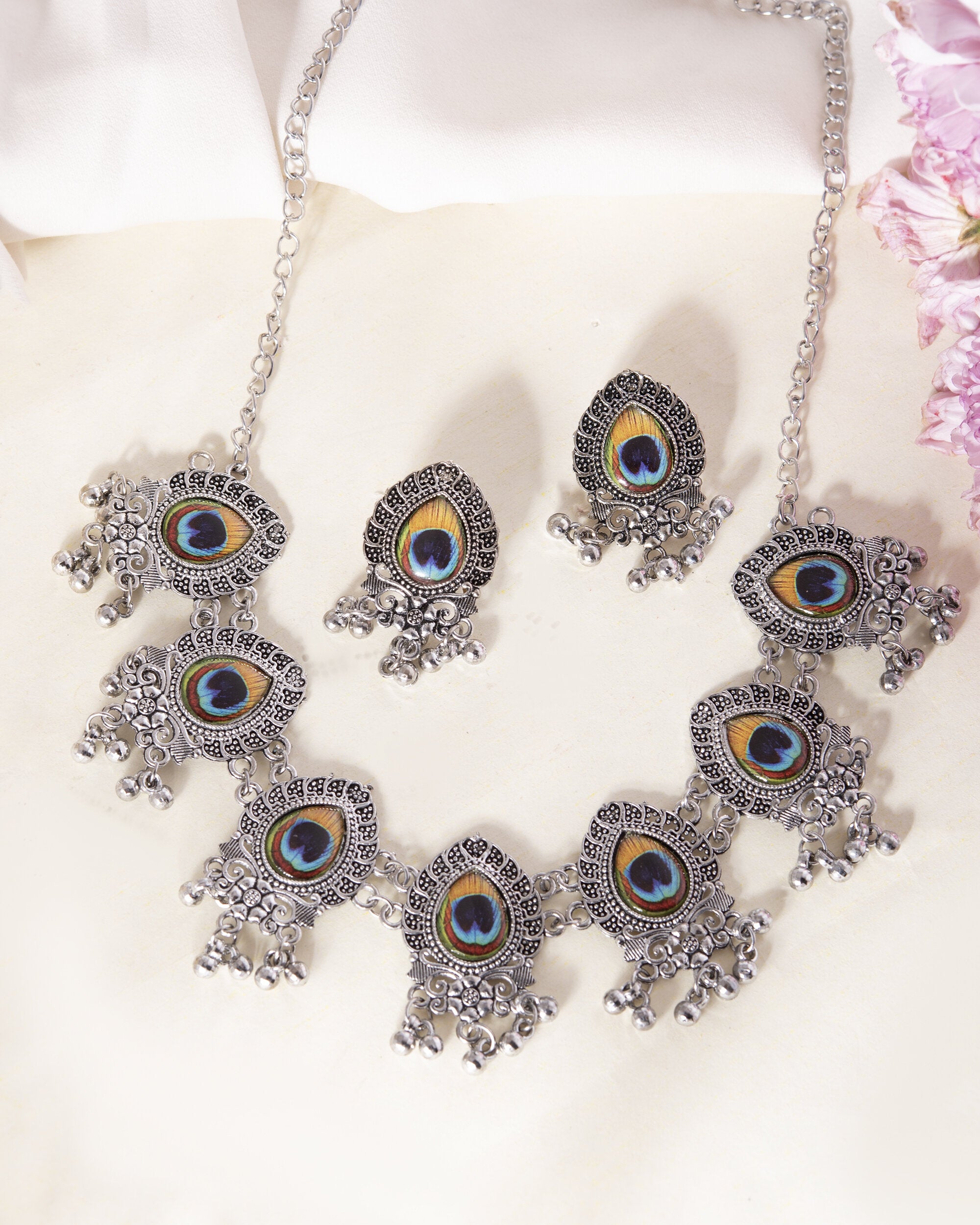 VOJ Silver Toned Peacock Printed Choker Necklace With Earrings Set - Distacart