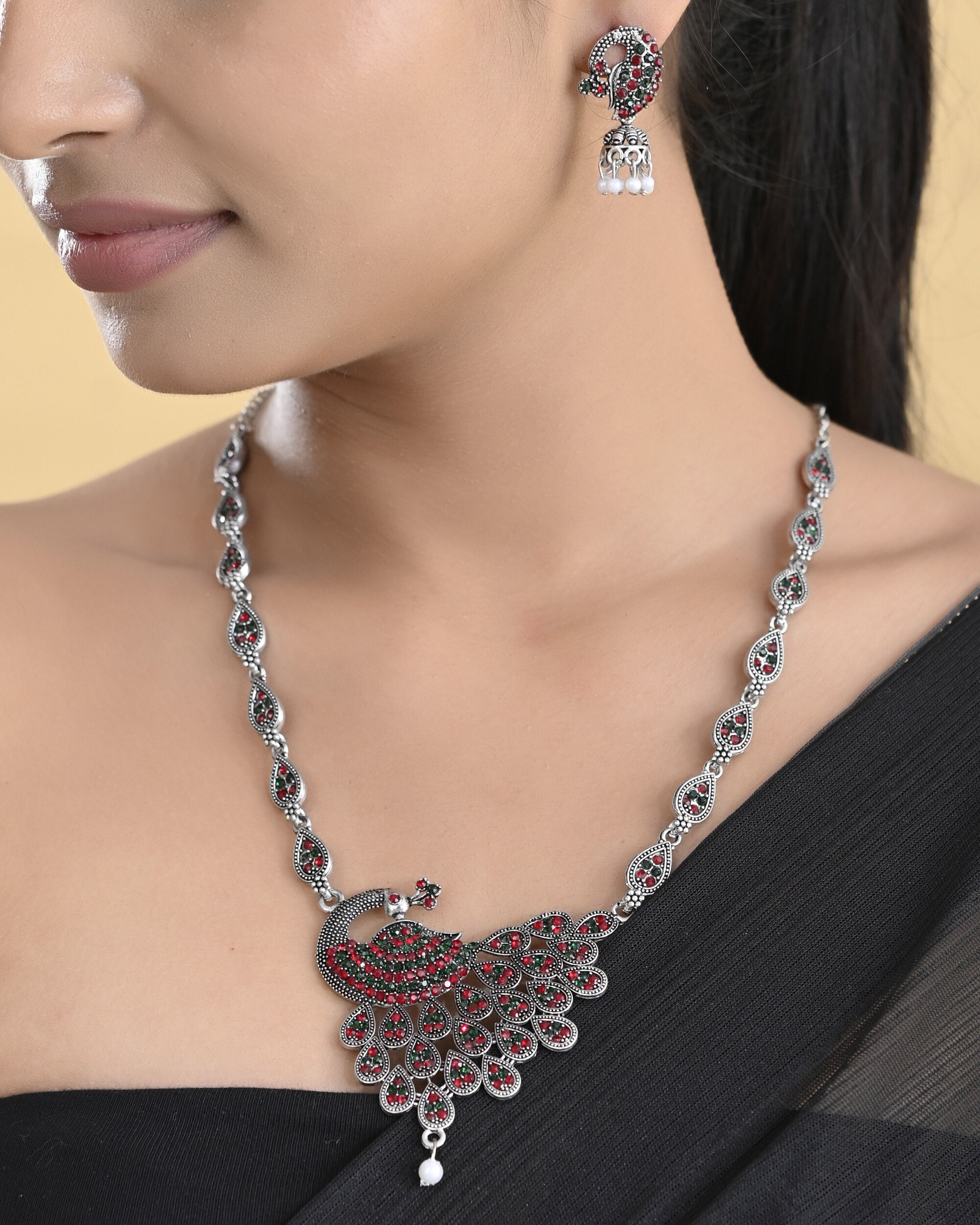 VOJ Silver Plated Peacock Shaped Multi Color Stone Studded Jewellery Set - Distacart
