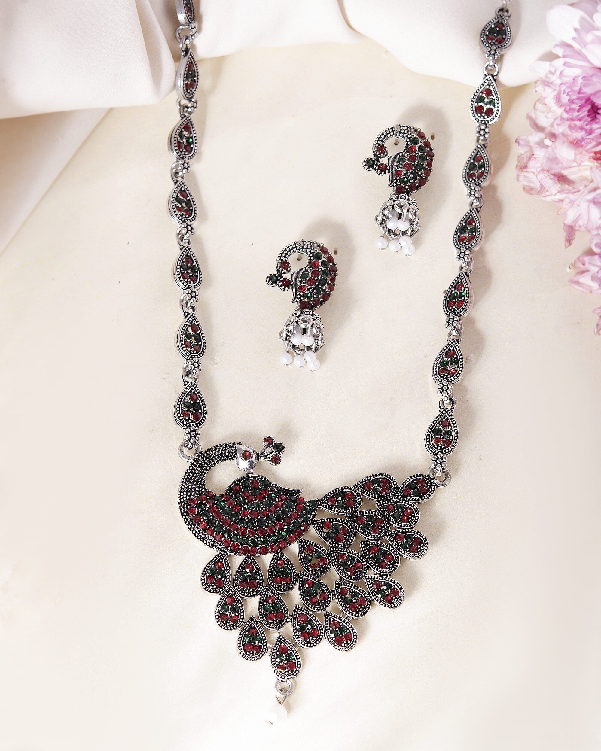 VOJ Silver Plated Peacock Shaped Multi Color Stone Studded Jewellery Set - Distacart