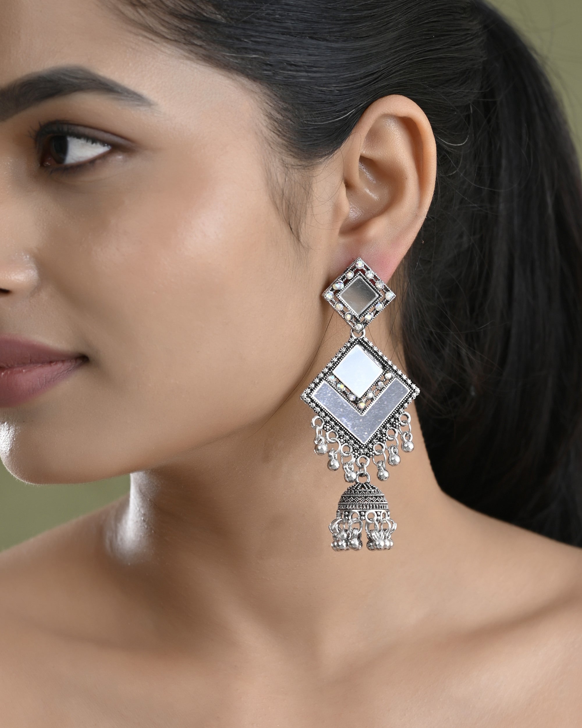 VOJ Silver Plated Mirror Studded Square Shaped Earrings - Distacart