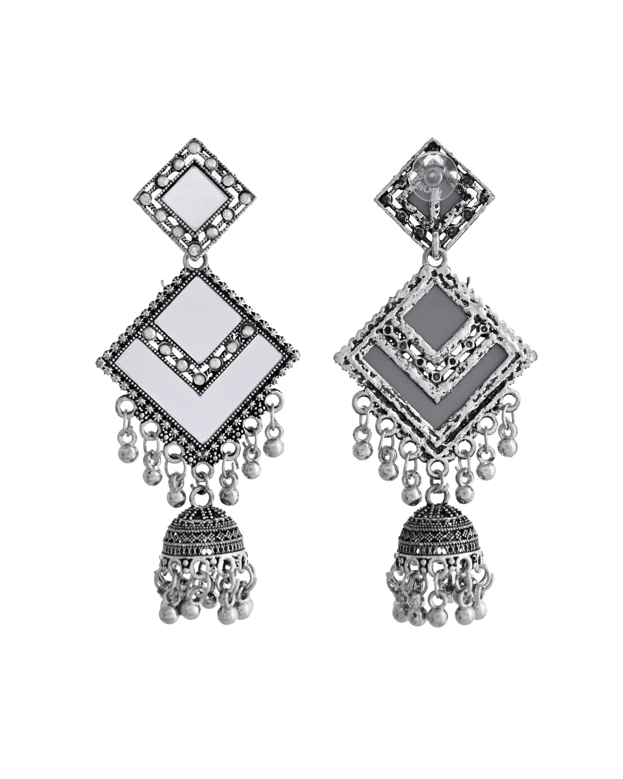 VOJ Silver Plated Mirror Studded Square Shaped Earrings