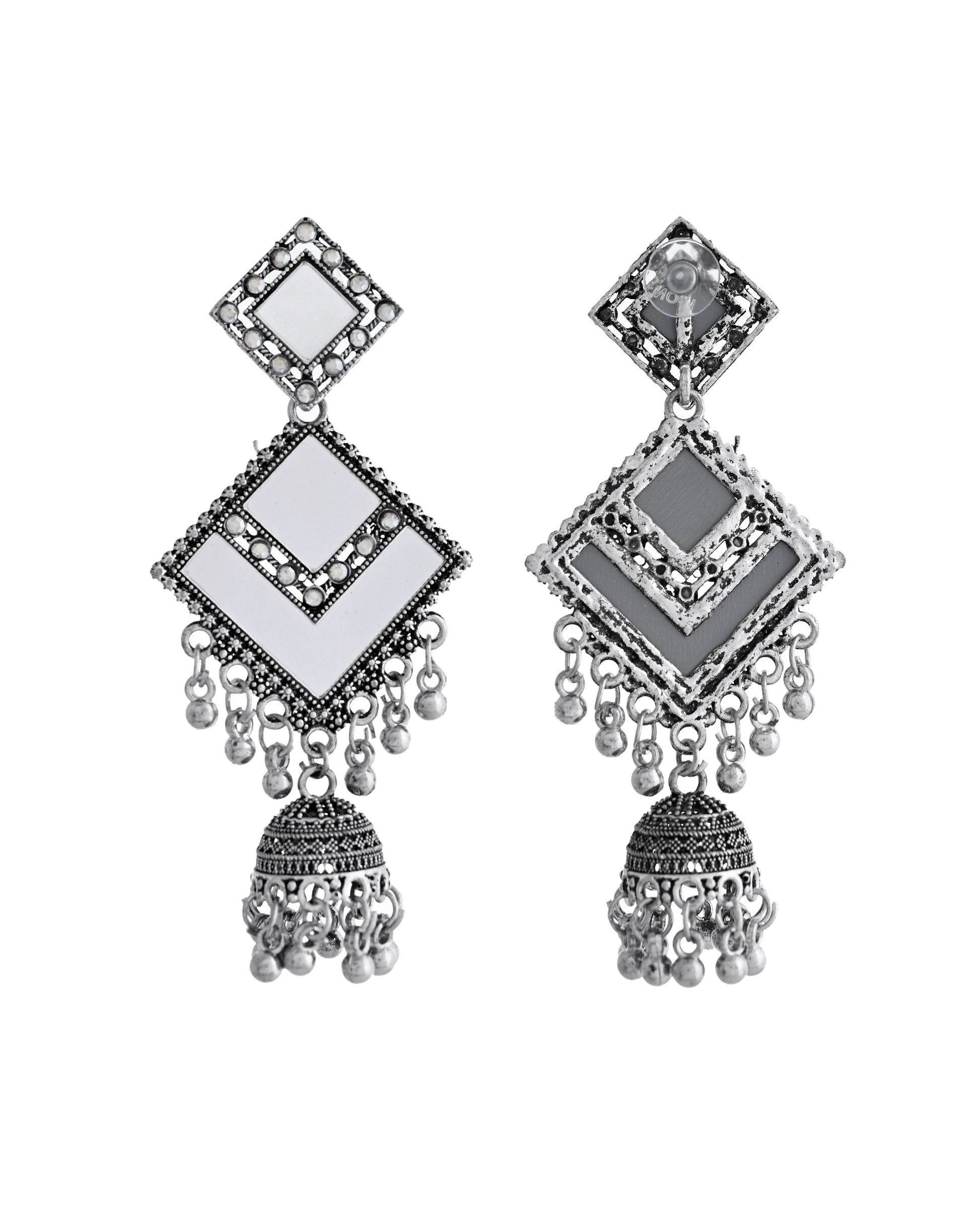 VOJ Silver Plated Mirror Studded Square Shaped Earrings - Distacart
