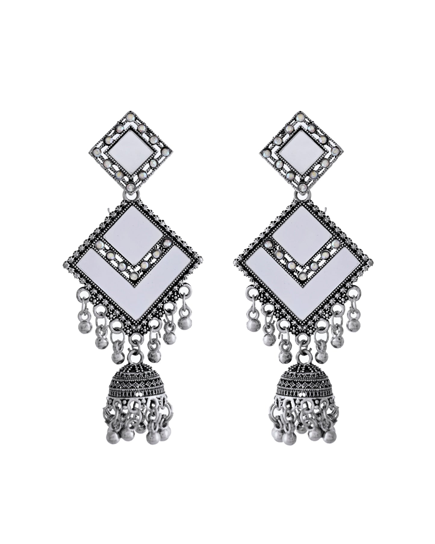 VOJ Silver Plated Mirror Studded Square Shaped Earrings - Distacart