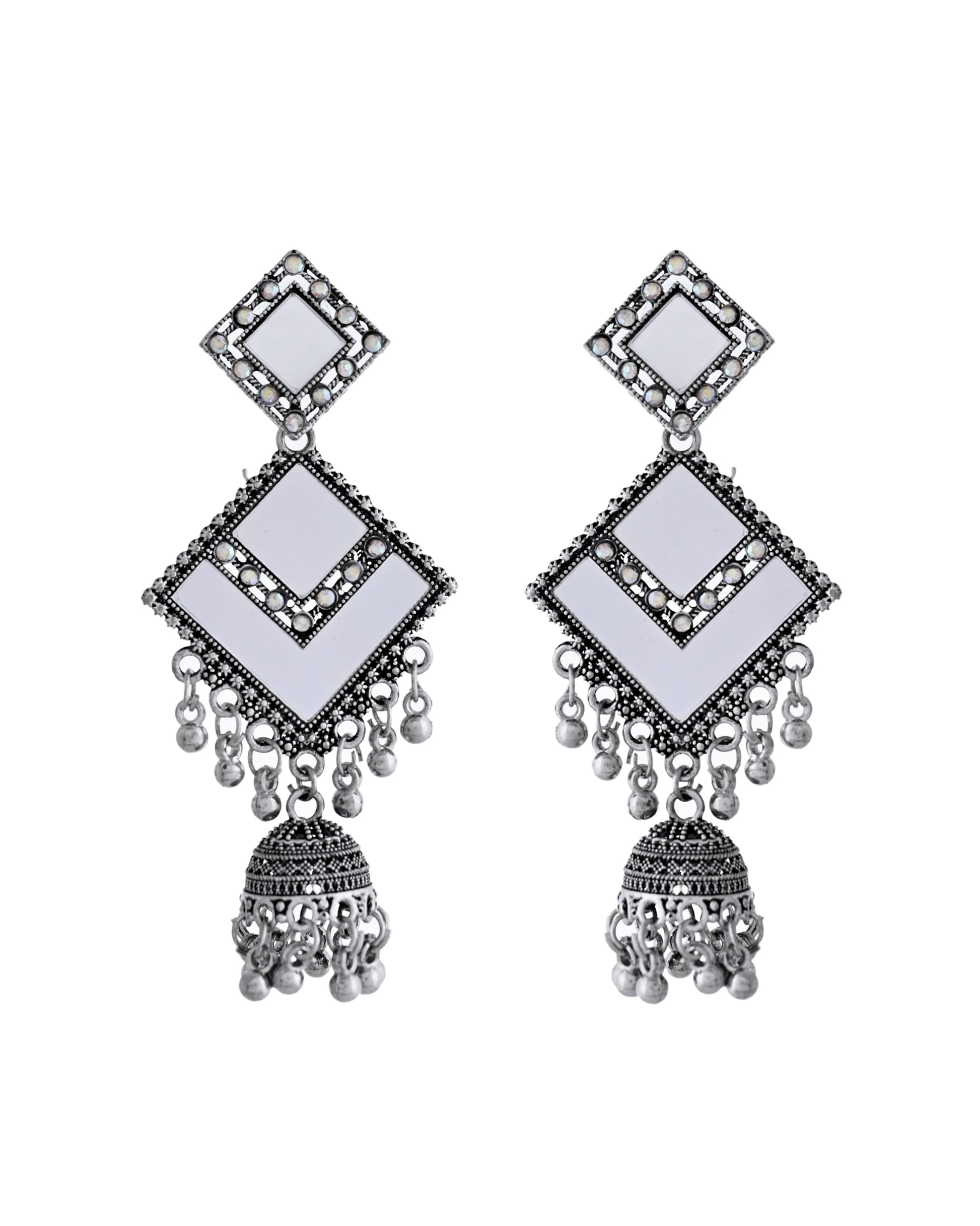 VOJ Silver Plated Mirror Studded Square Shaped Earrings - Distacart