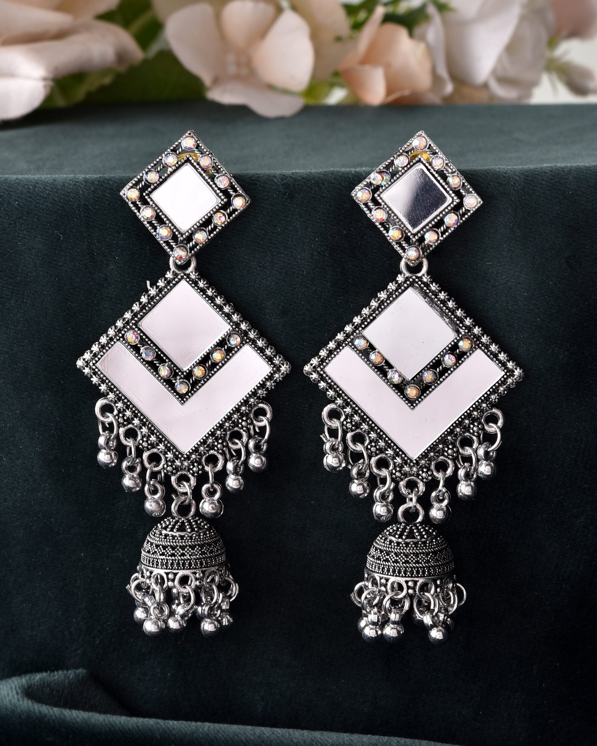 VOJ Silver Plated Mirror Studded Square Shaped Earrings - Distacart