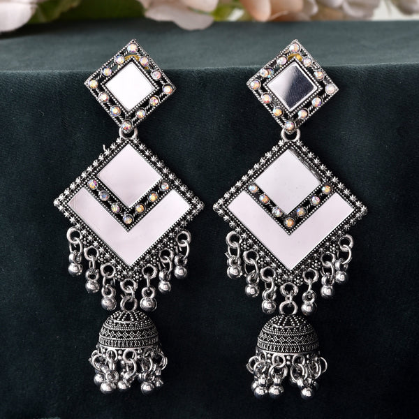 VOJ Silver Plated Mirror Studded Square Shaped Earrings - Distacart