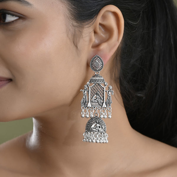 VOJ Silver Plated Oxidized Temple Long Earrings - Distacart