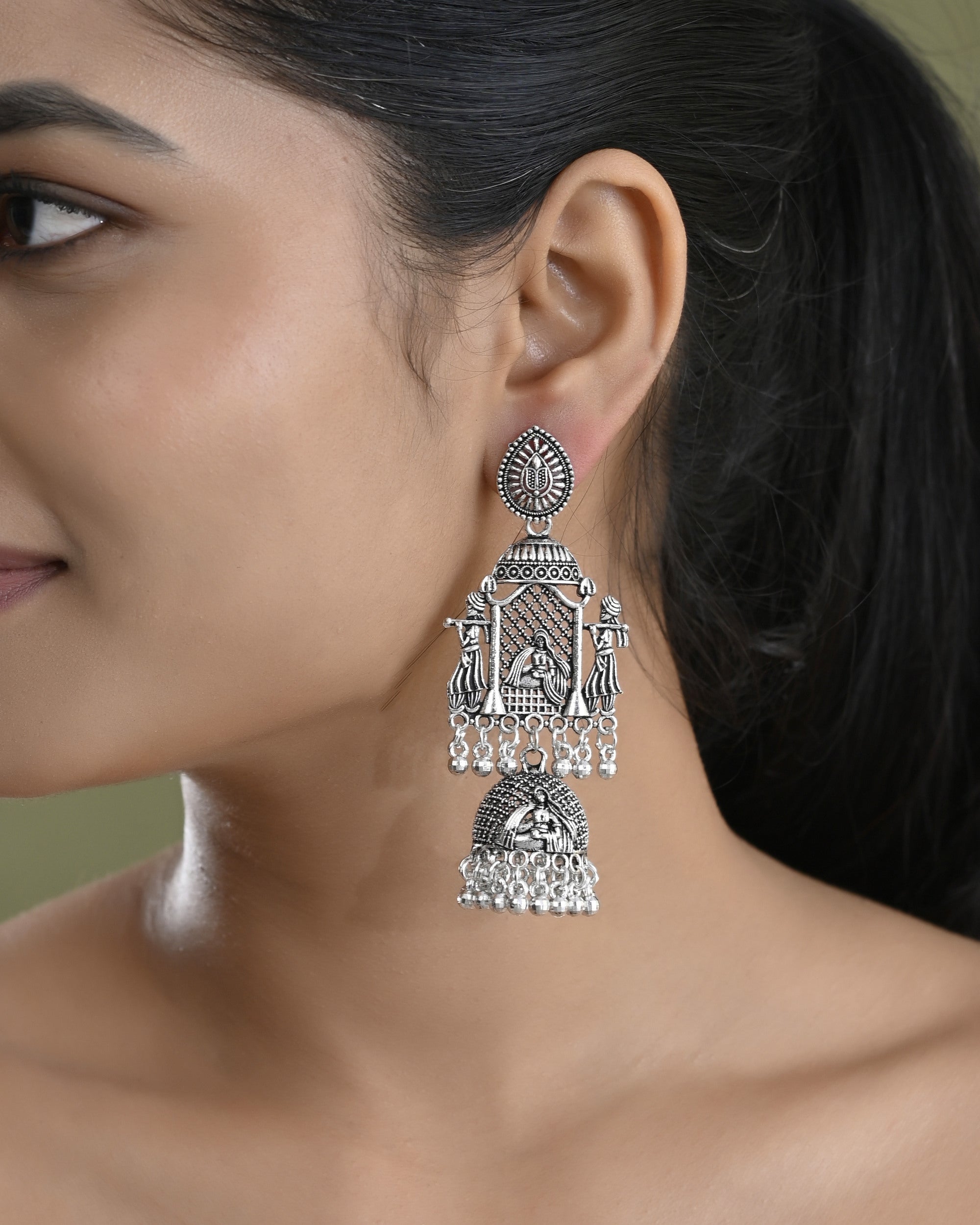 VOJ Silver Plated Oxidized Temple Long Earrings - Distacart