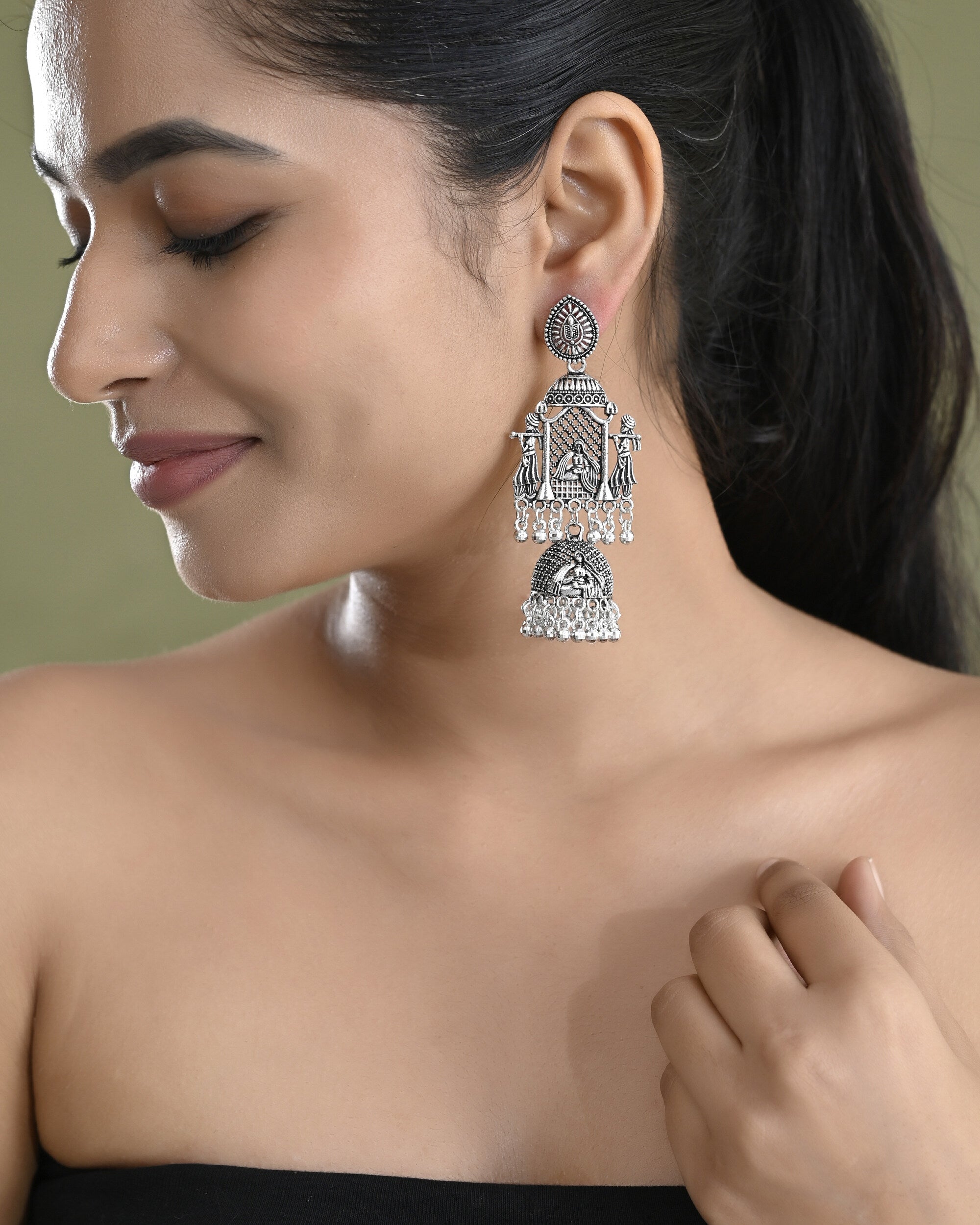 VOJ Silver Plated Oxidized Temple Long Earrings - Distacart