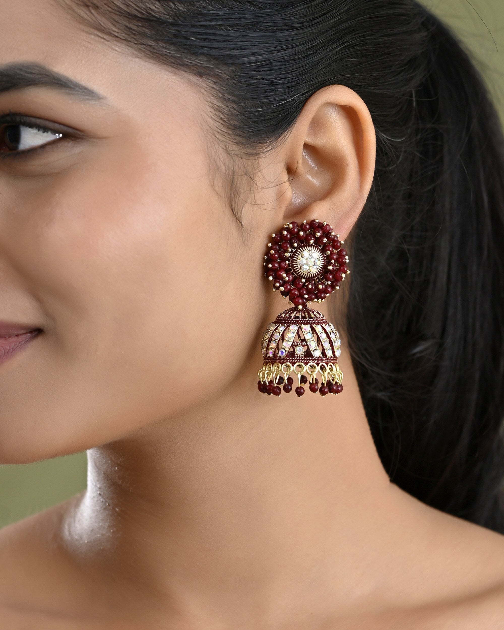 VOJ Marron Beads And Stone Studded Jhumka Earrings - Distacart