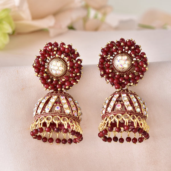 VOJ Marron Beads And Stone Studded Jhumka Earrings - Distacart