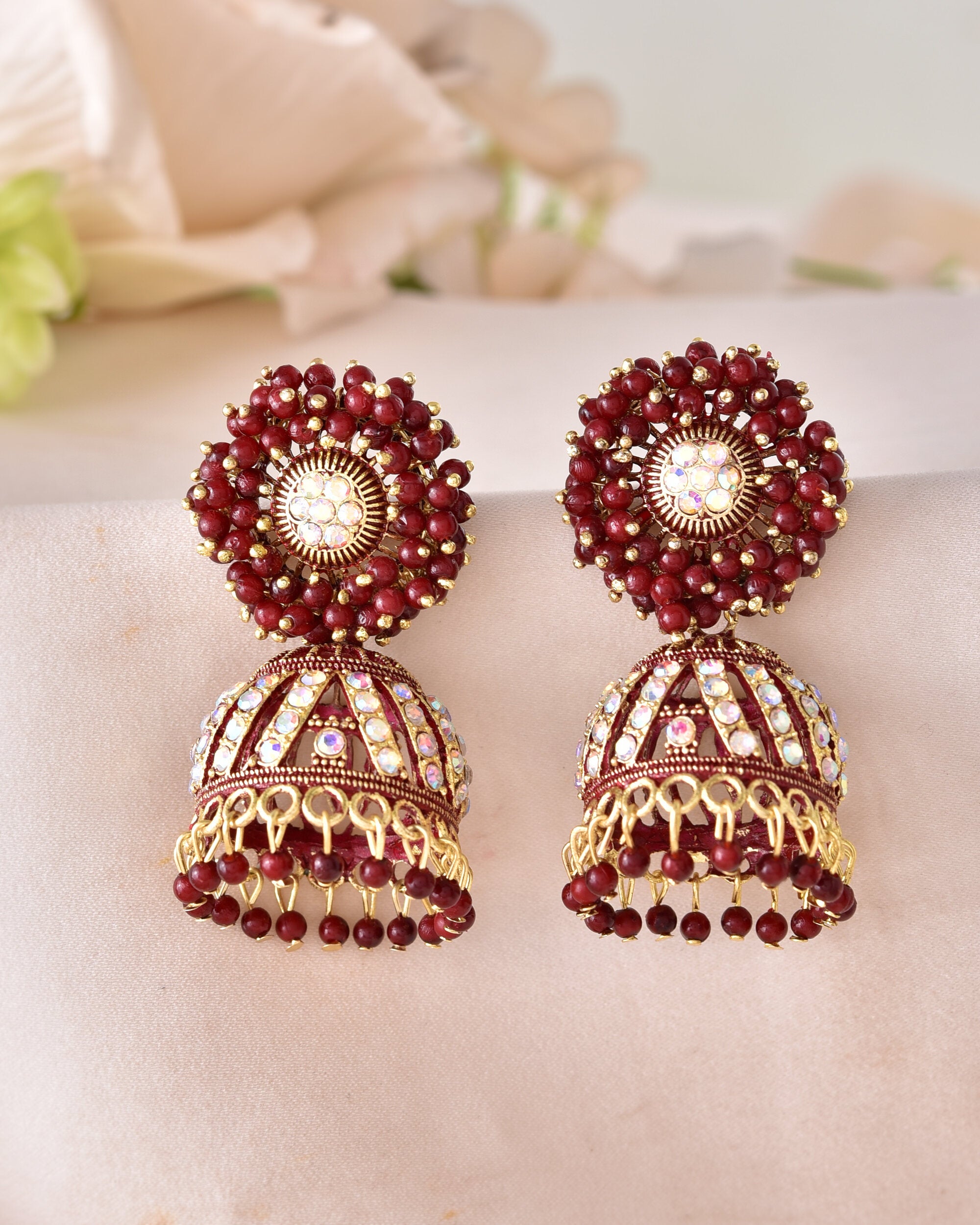 VOJ Marron Beads And Stone Studded Jhumka Earrings - Distacart
