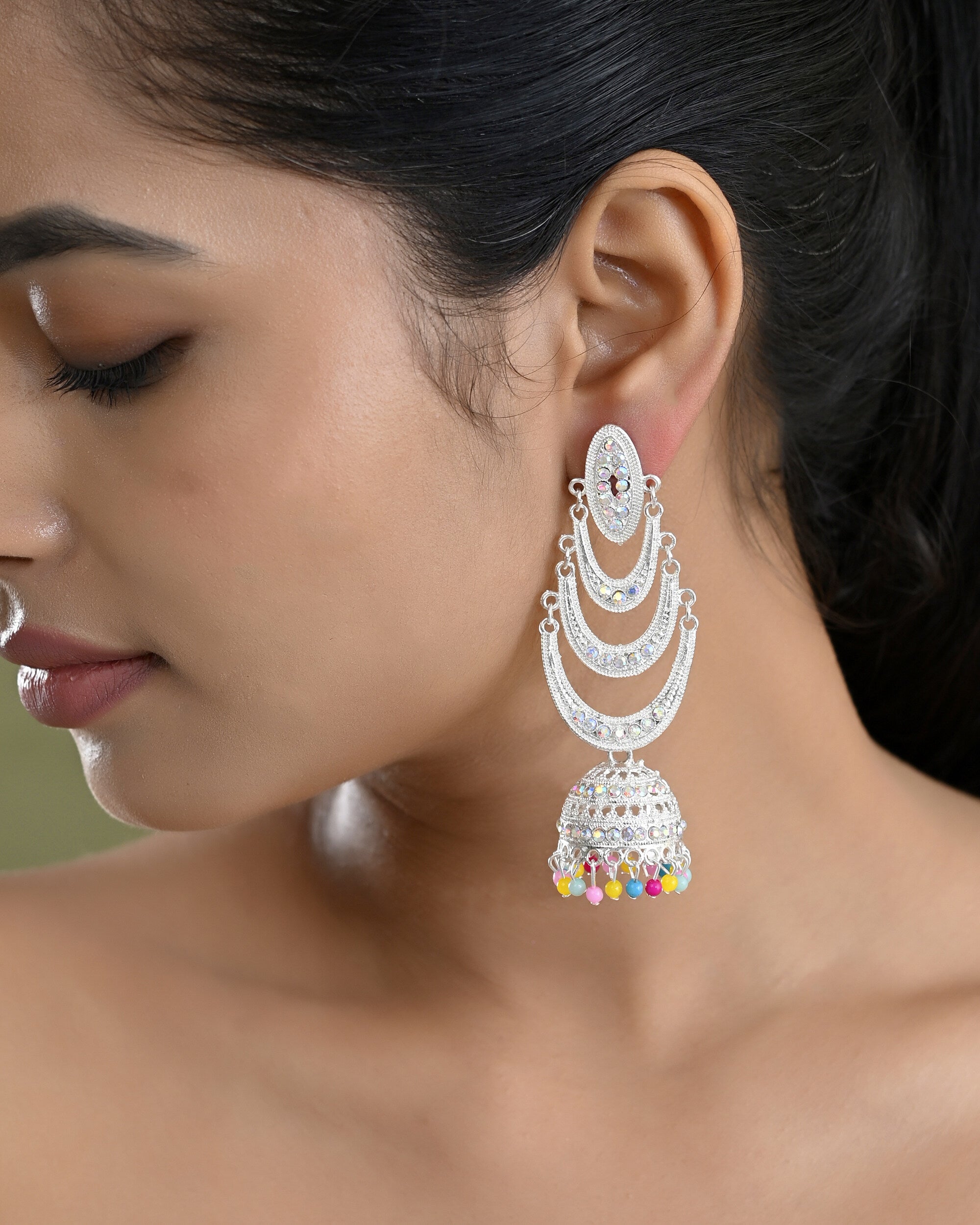 VOJ White Oxidized Mult Layer Chandbali Earrings - Distacart