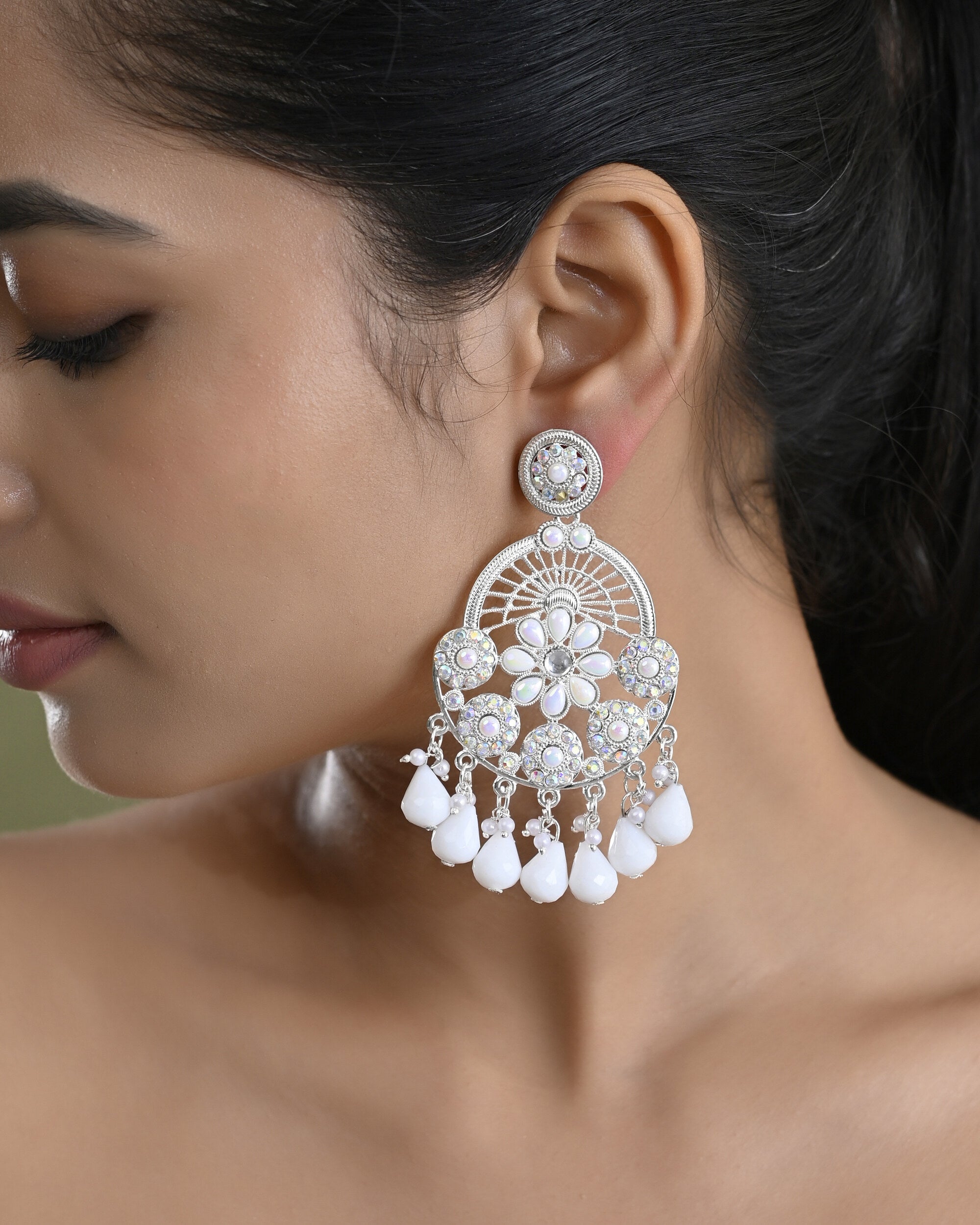 VOJ Elegent White Ethnic Chandbali Earrings With Pearl And Stone Earrings - Distacart