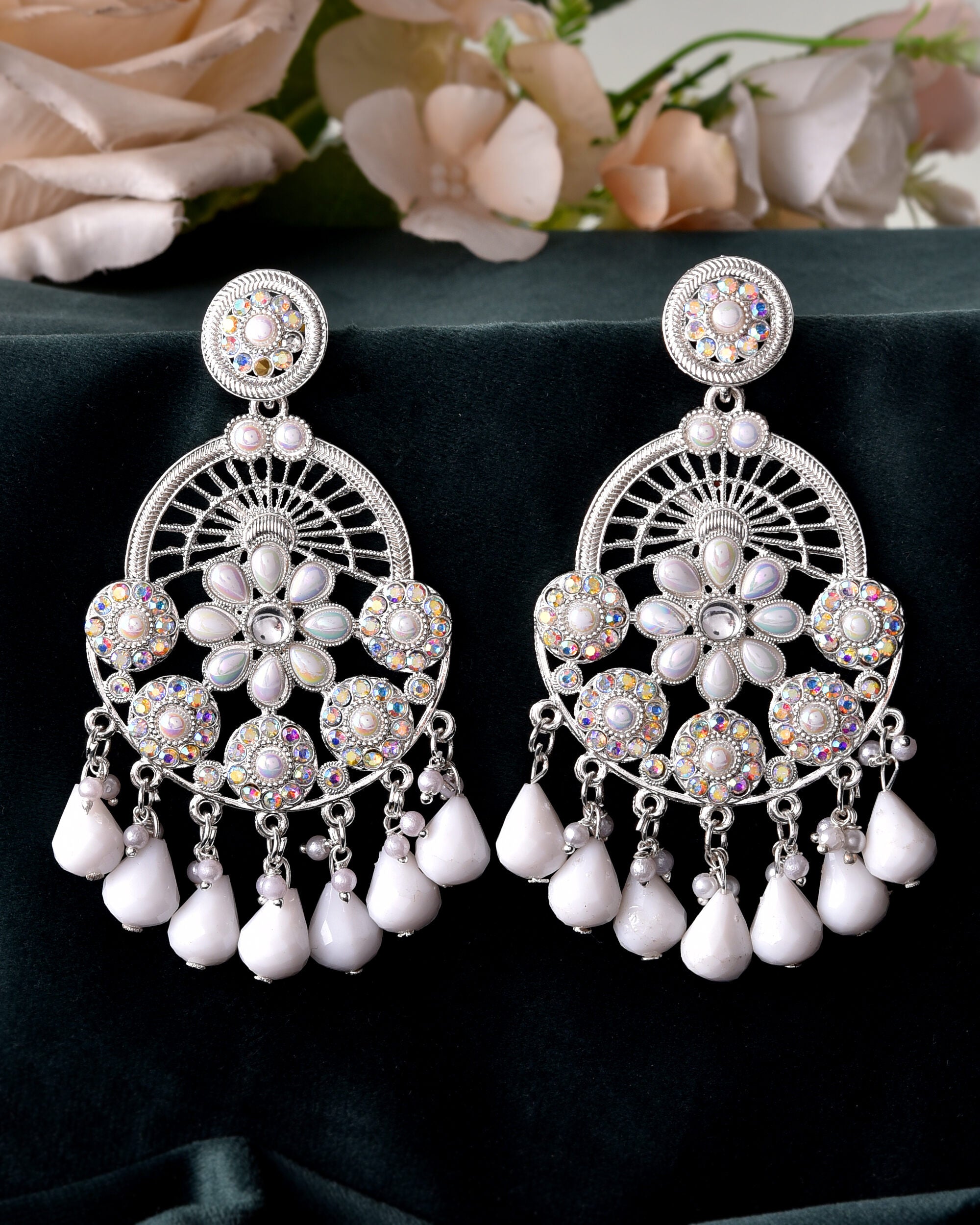VOJ Elegent White Ethnic Chandbali Earrings With Pearl And Stone Earrings - Distacart