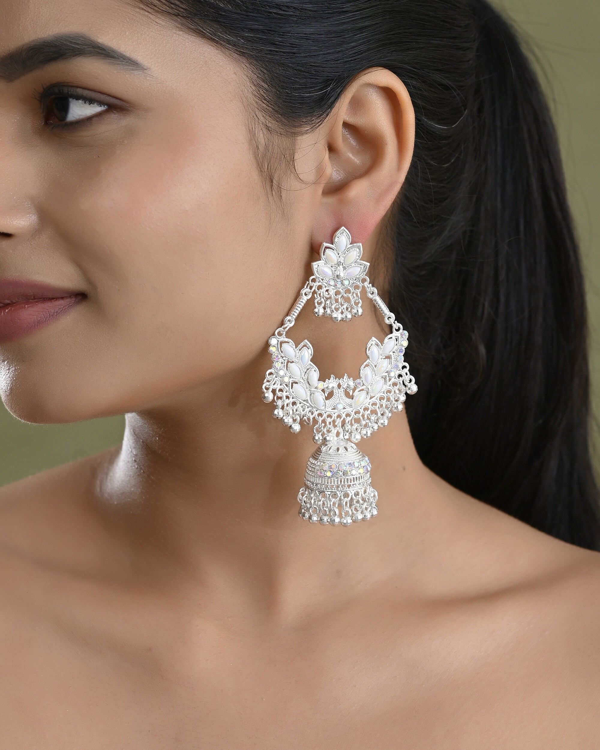 VOJ Stunning White Oxidized Chandbali with Stone And Peral Detailing Earrings - Distacart