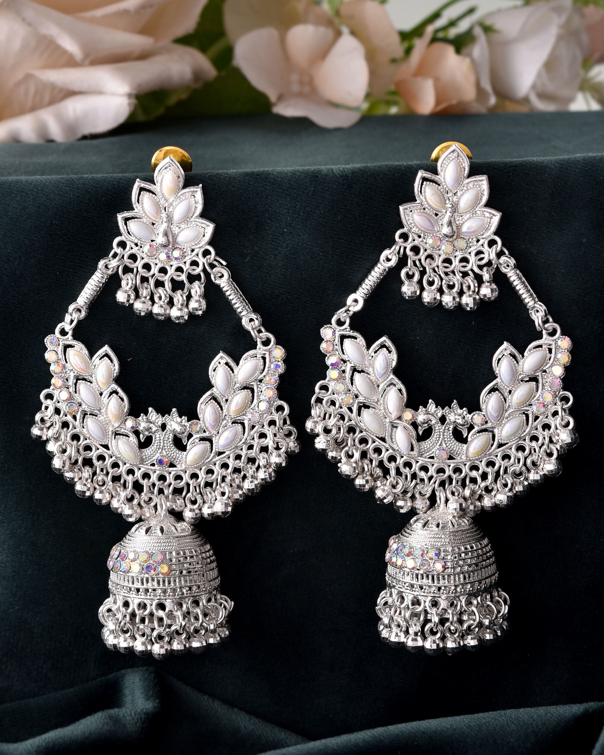 VOJ Stunning White Oxidized Chandbali with Stone And Peral Detailing Earrings - Distacart