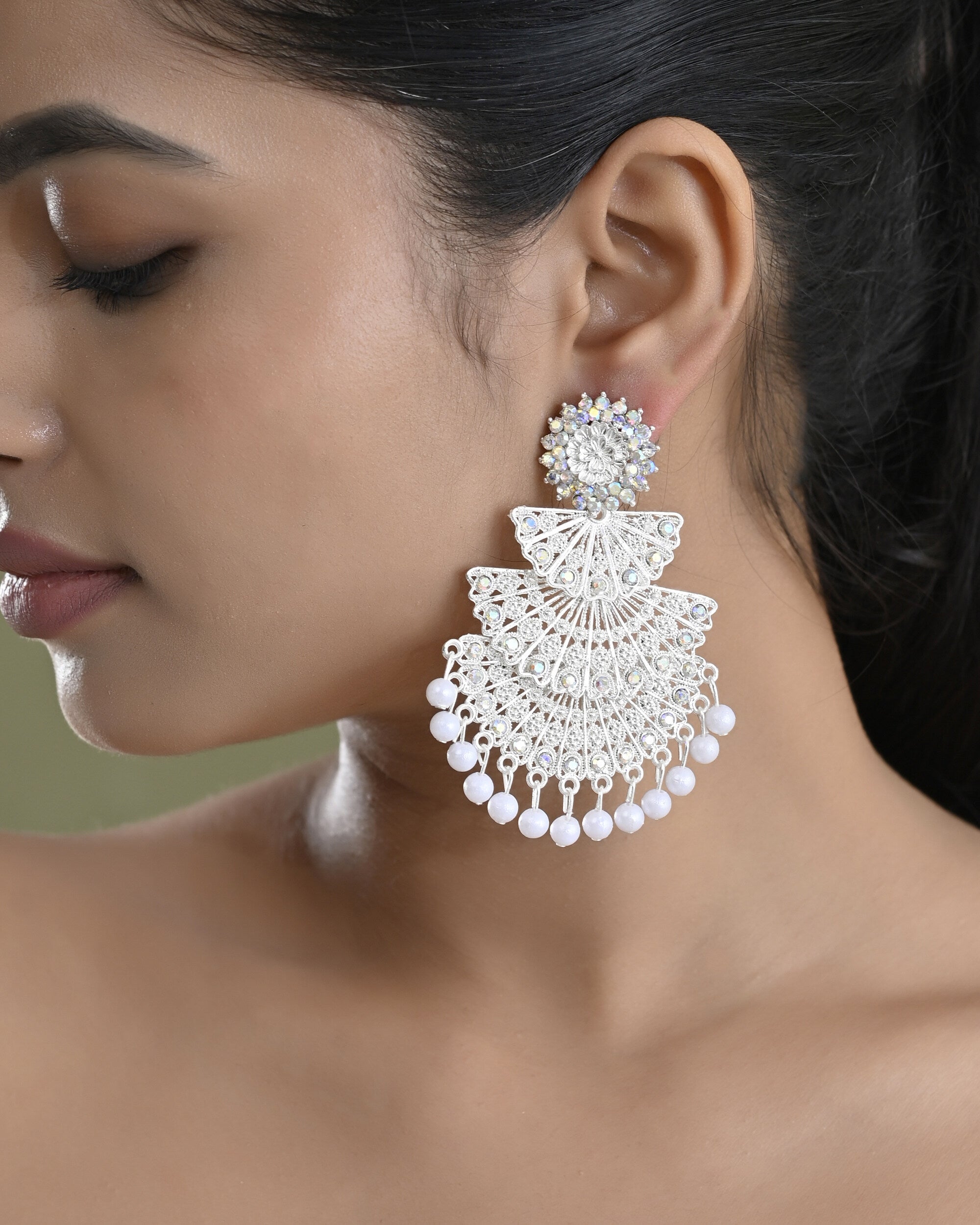 VOJ White Oxidized Multi Layered Stone Studded Earrings - Distacart