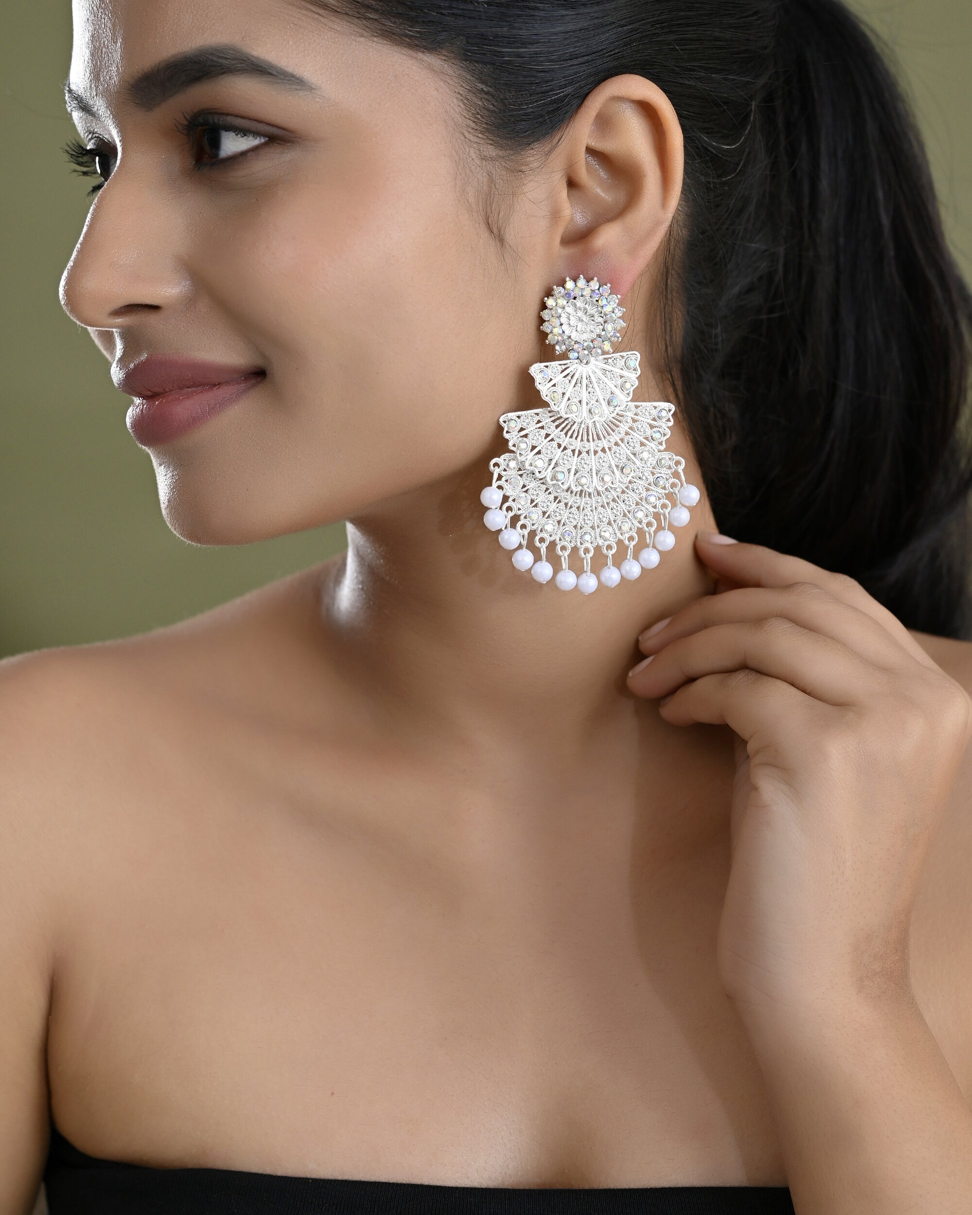 VOJ White Oxidized Multi Layered Stone Studded Earrings - Distacart