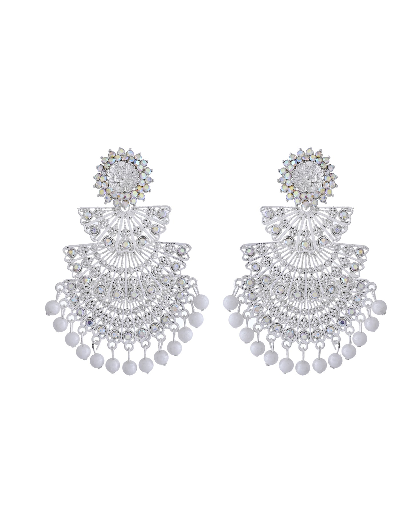 VOJ White Oxidized Multi Layered Stone Studded Earrings - Distacart