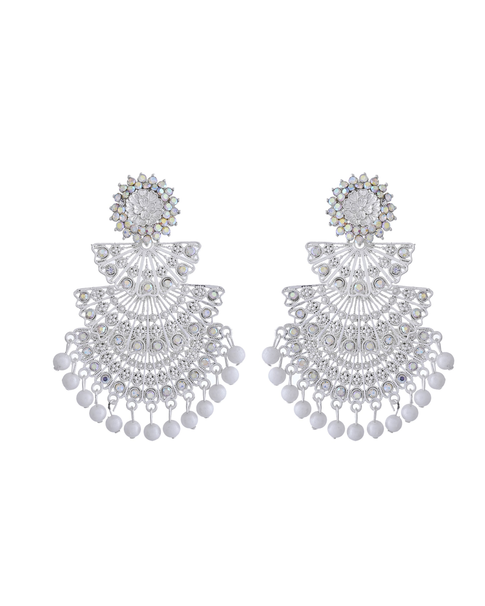 VOJ White Oxidized Multi Layered Stone Studded Earrings - Distacart