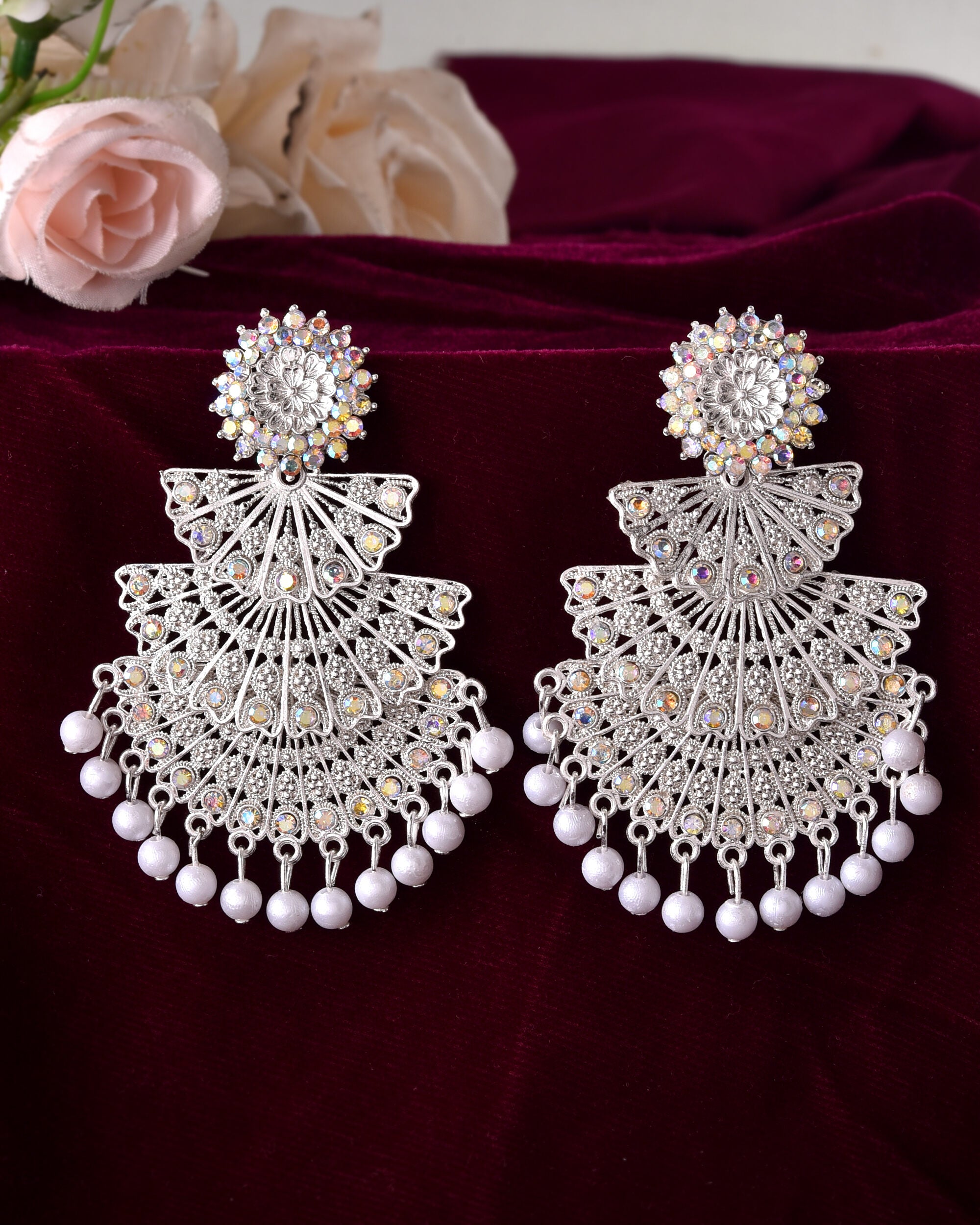 VOJ White Oxidized Multi Layered Stone Studded Earrings - Distacart