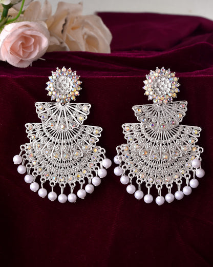 VOJ White Oxidized Multi Layered Stone Studded Earrings - Distacart