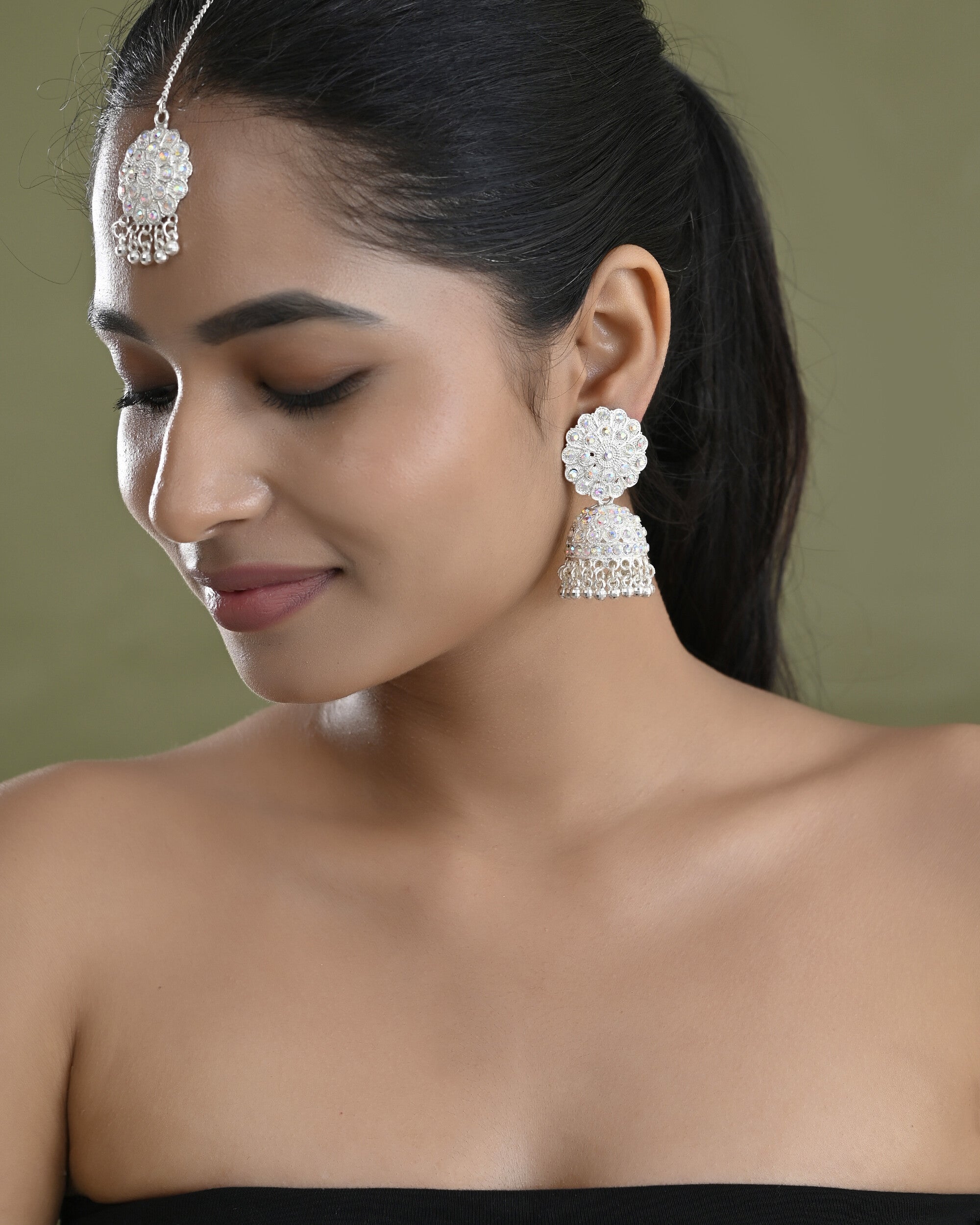 VOJ White Stone Studded Jhumkar Earrings With Maang Tikka - Distacart