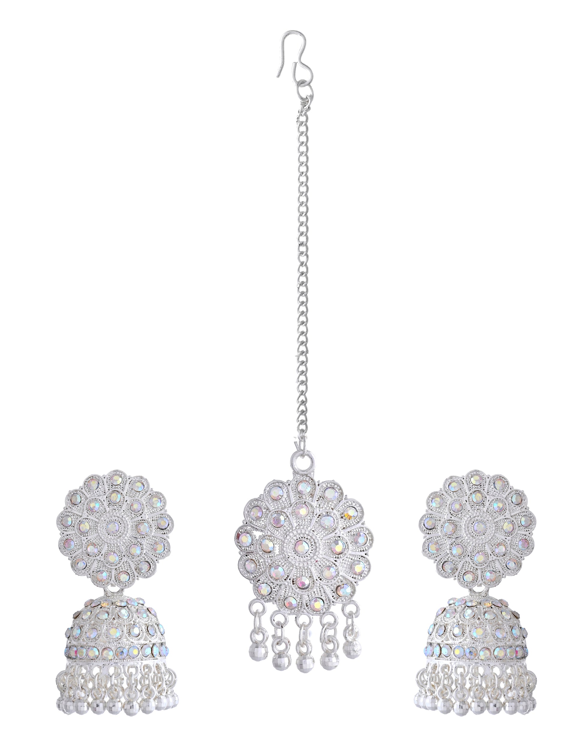 VOJ White Stone Studded Jhumkar Earrings With Maang Tikka - Distacart