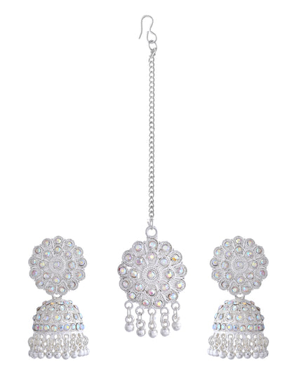 VOJ White Stone Studded Jhumkar Earrings With Maang Tikka - Distacart