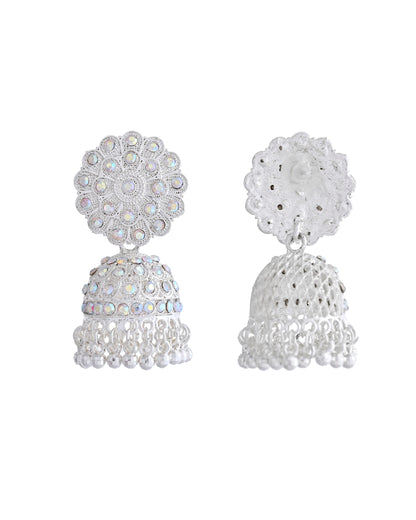 VOJ White Stone Studded Jhumkar Earrings With Maang Tikka - Distacart