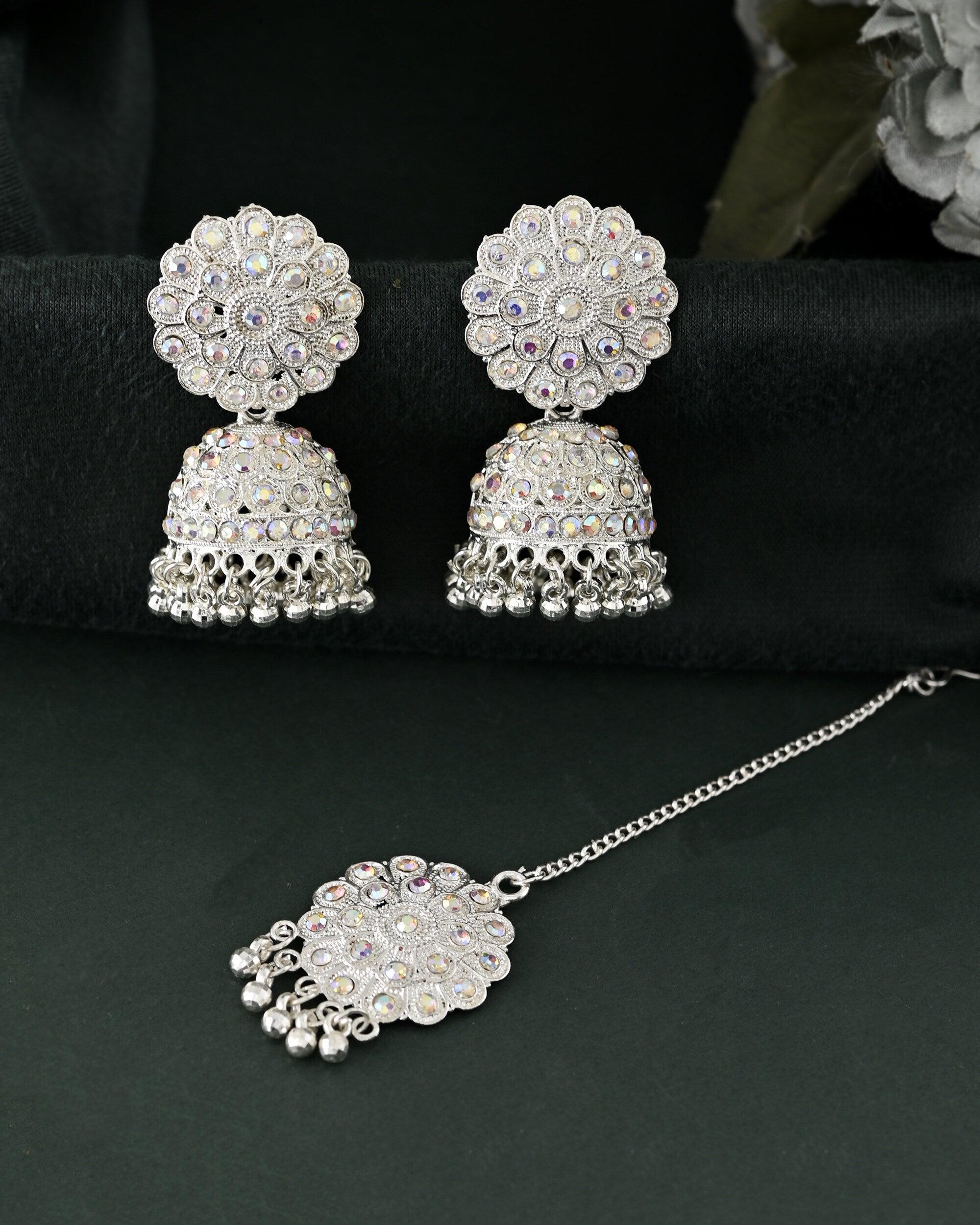 VOJ White Stone Studded Jhumkar Earrings With Maang Tikka - Distacart