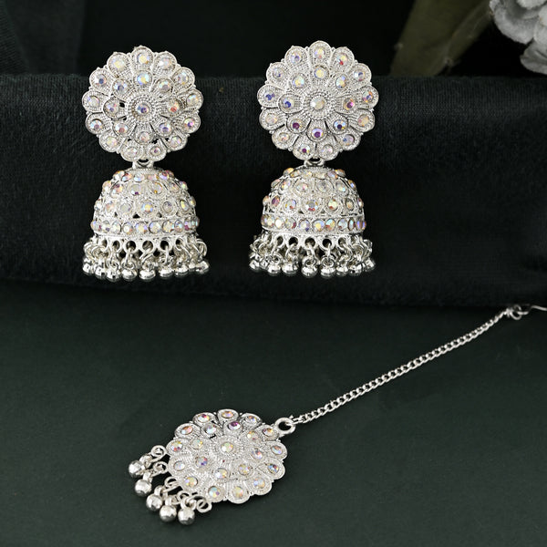 VOJ White Stone Studded Jhumkar Earrings With Maang Tikka - Distacart