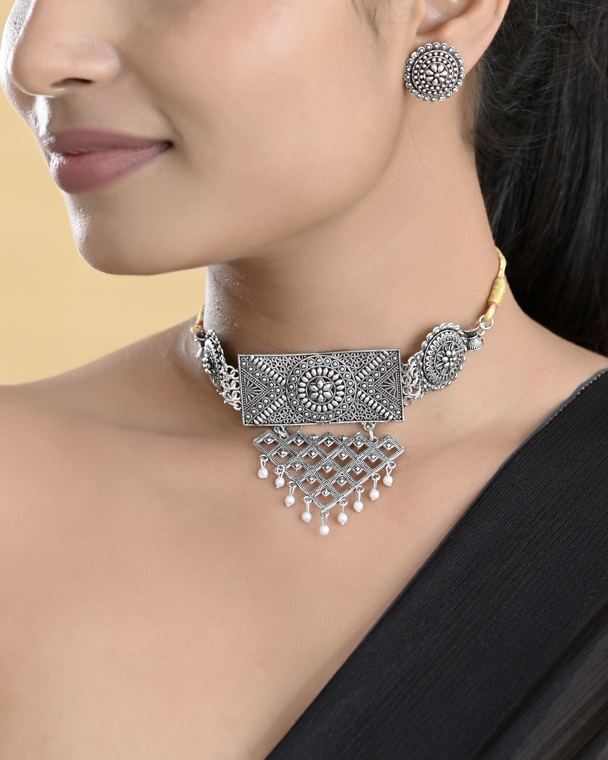 VOJ Silver Plated Oxidized Choker With Earrings Set - Distacart