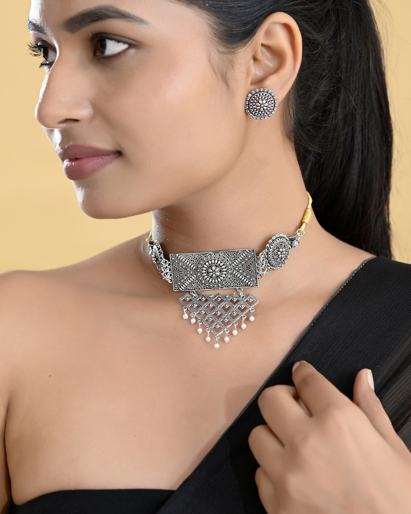 VOJ Silver Plated Oxidized Choker With Earrings Set - Distacart