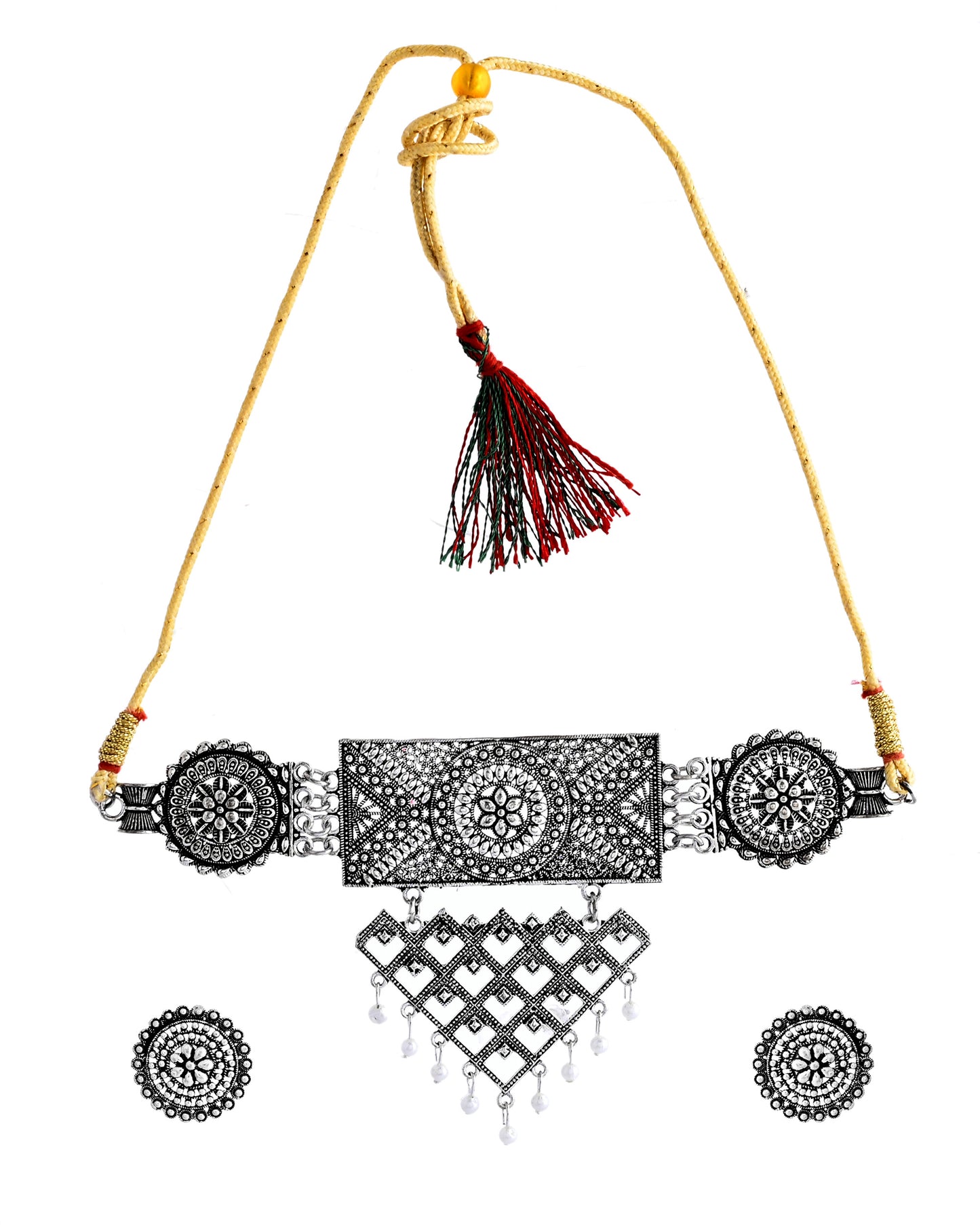 VOJ Silver Plated Oxidized Choker With Earrings Set - Distacart