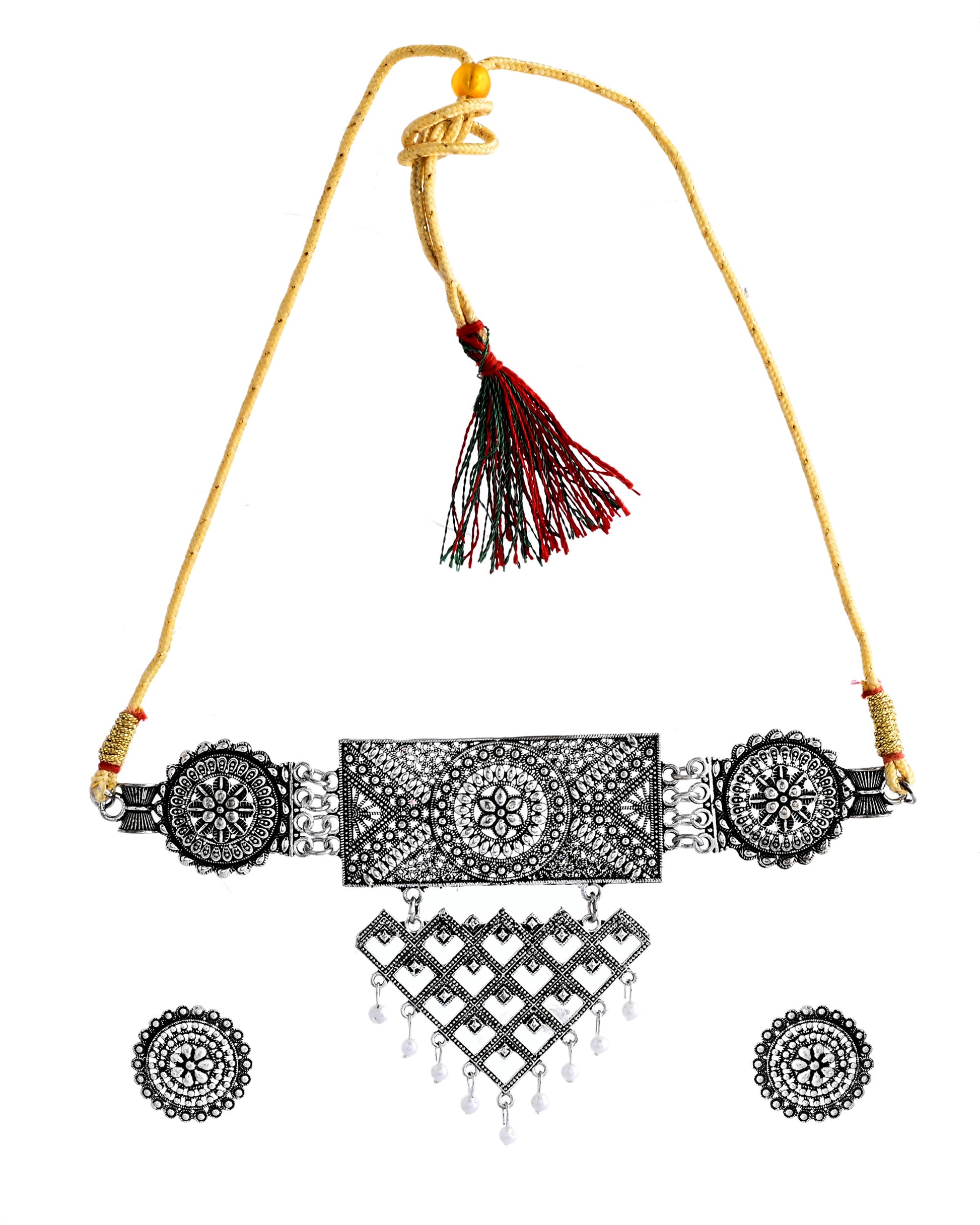VOJ Silver Plated Oxidized Choker With Earrings Set - Distacart
