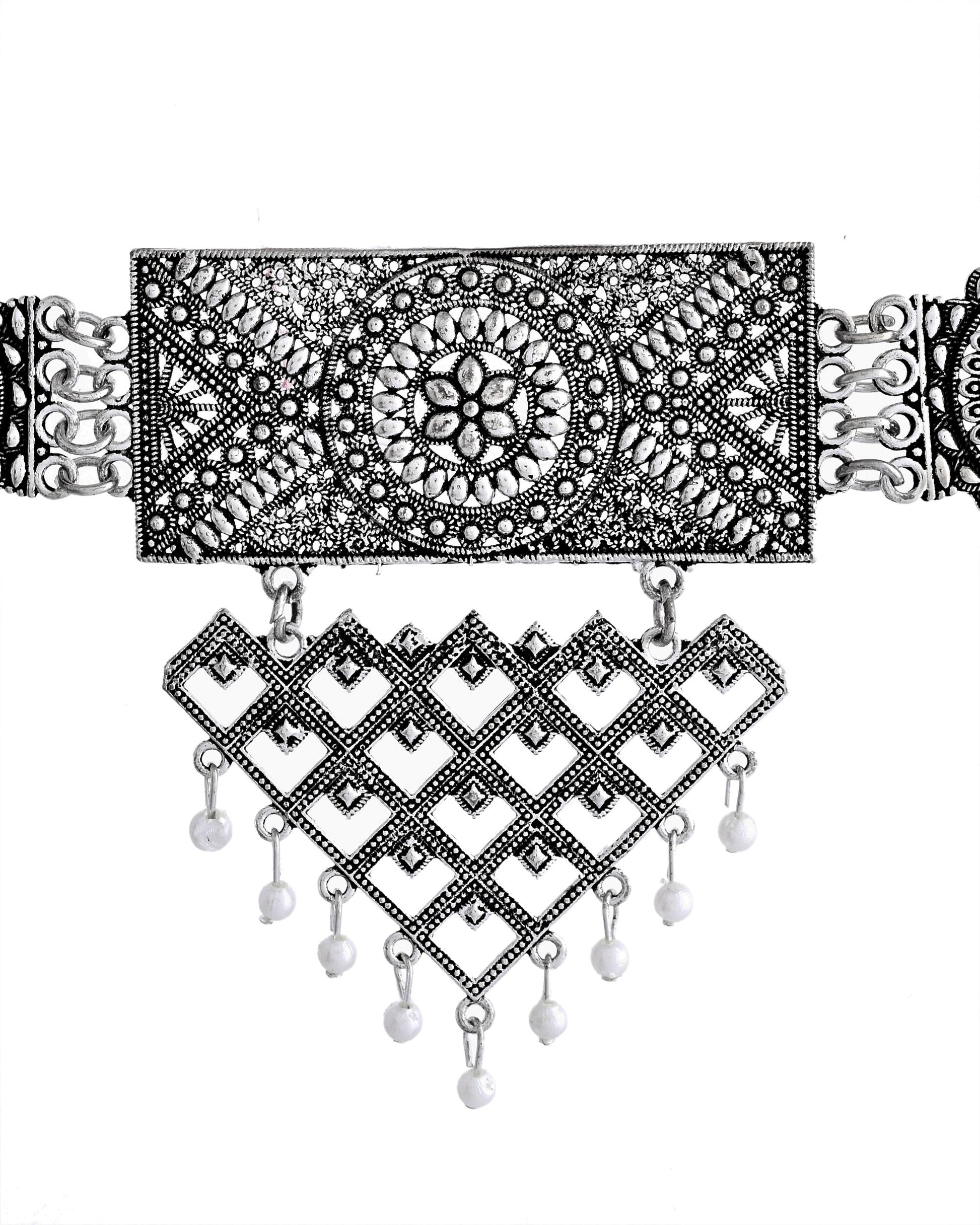 VOJ Silver Plated Oxidized Choker With Earrings Set - Distacart