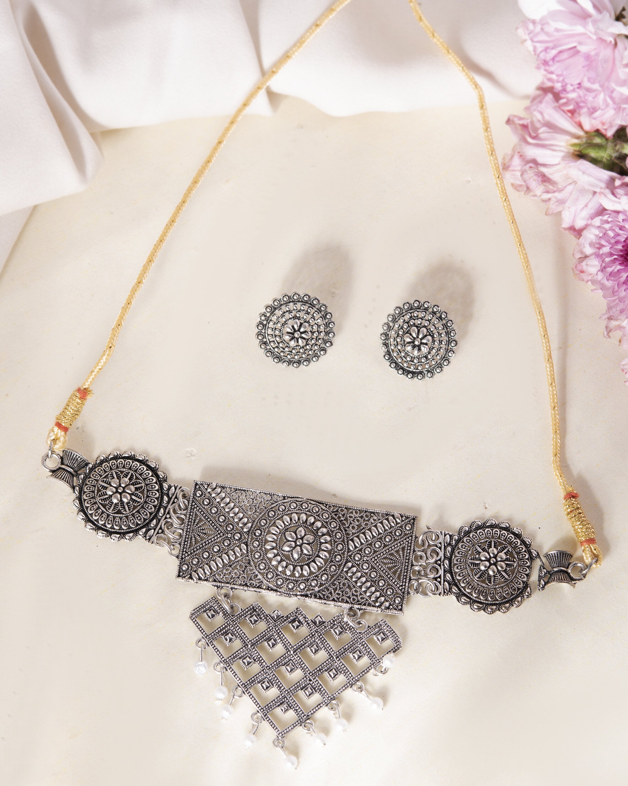 VOJ Silver Plated Oxidized Choker With Earrings Set - Distacart