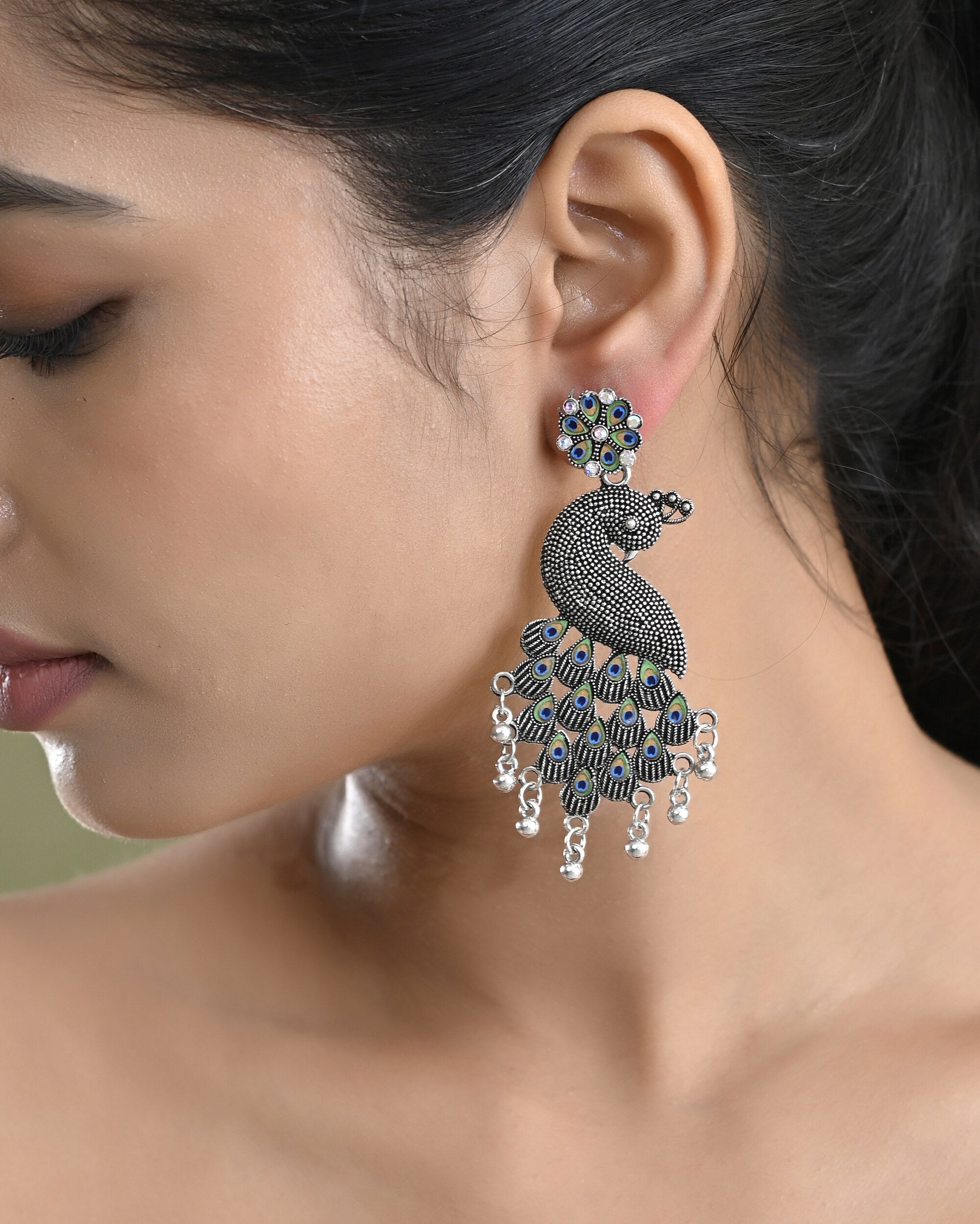 VOJ Silver Plated Oxidized Peacock Shaped Long Earrings - Distacart