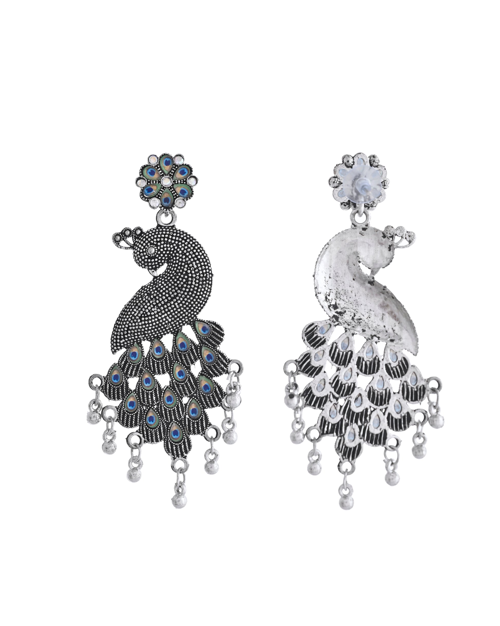 VOJ Silver Plated Oxidized Peacock Shaped Long Earrings - Distacart