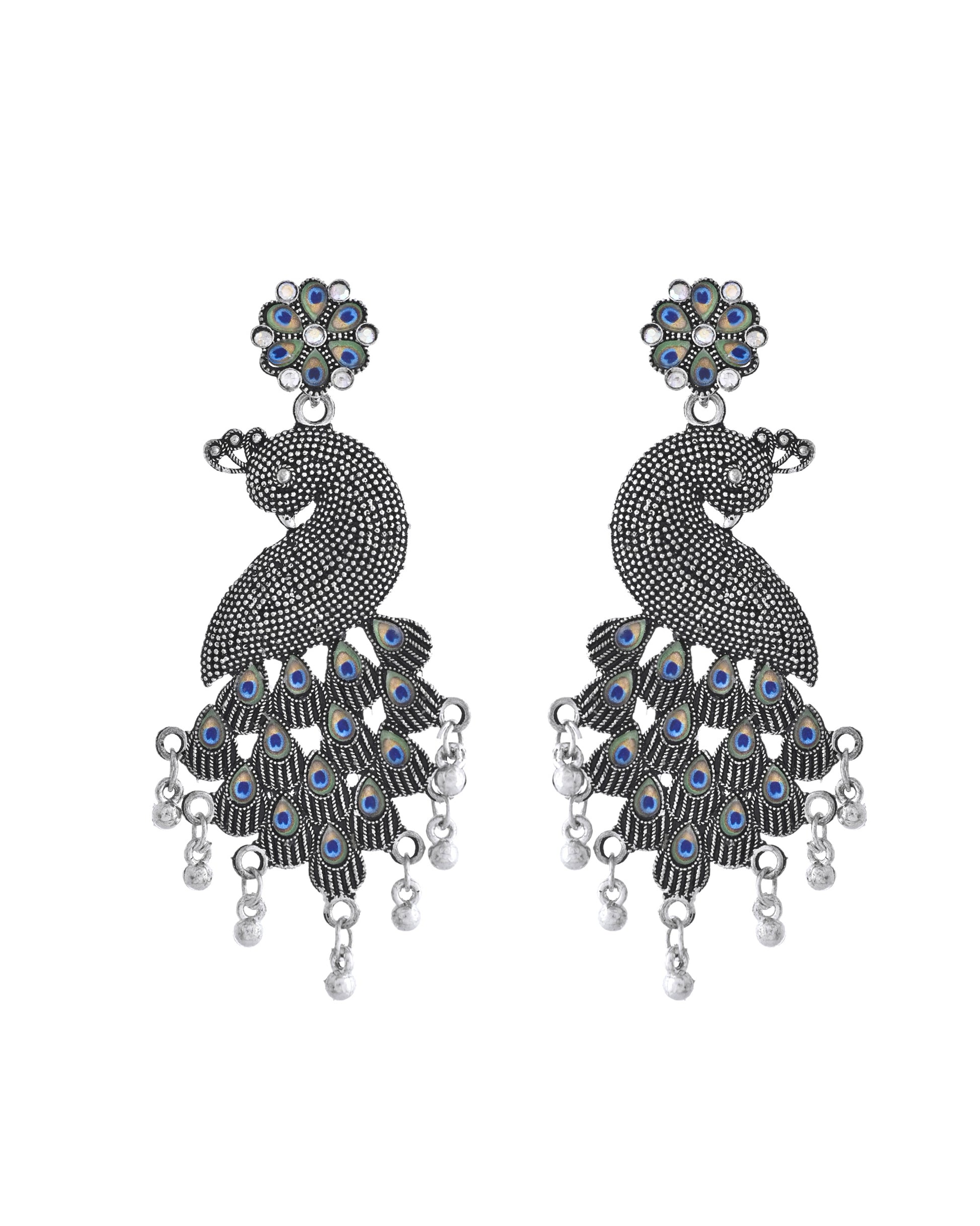 VOJ Silver Plated Oxidized Peacock Shaped Long Earrings - Distacart