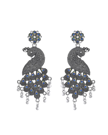 VOJ Silver Plated Oxidized Peacock Shaped Long Earrings - Distacart