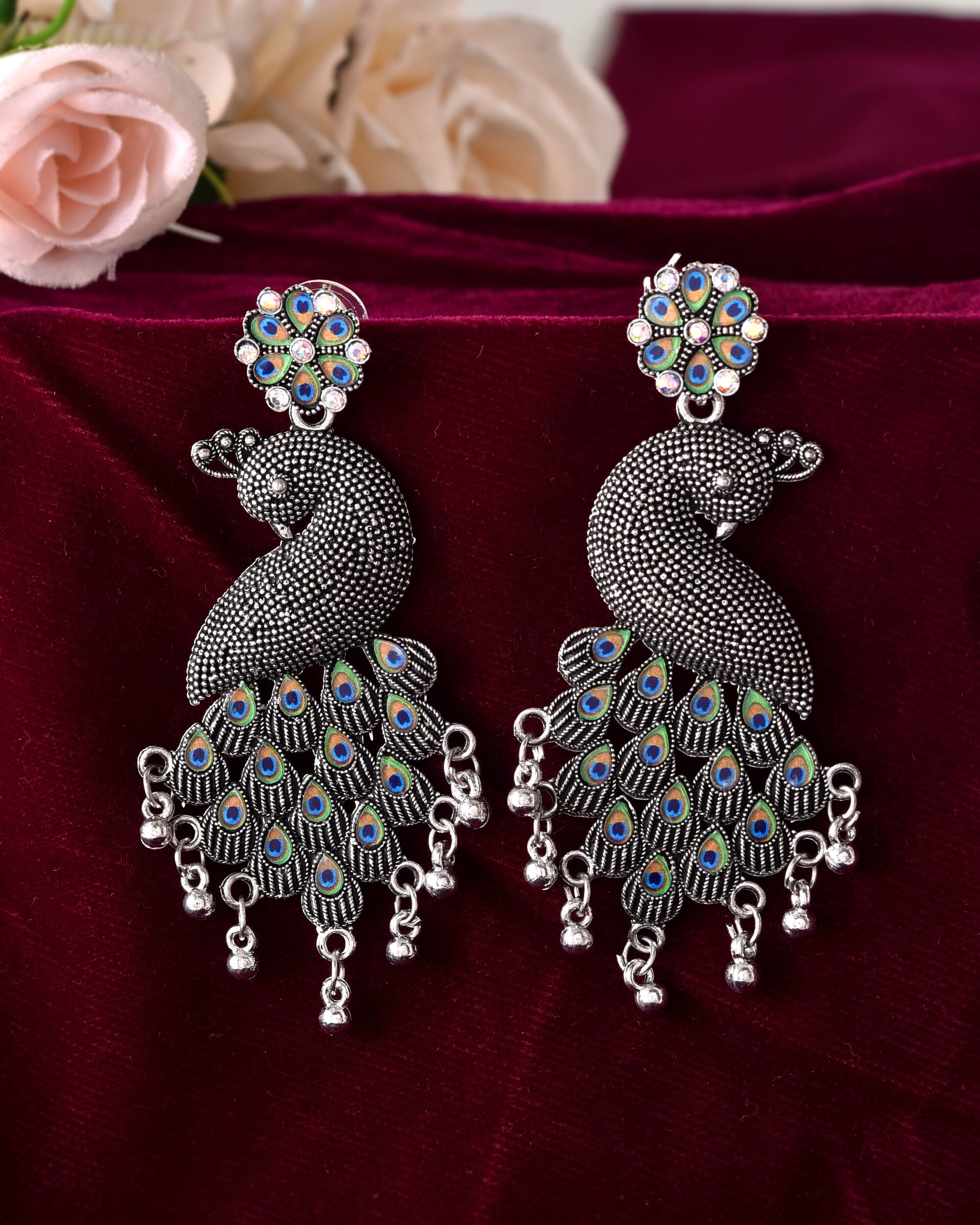 VOJ Silver Plated Oxidized Peacock Shaped Long Earrings - Distacart