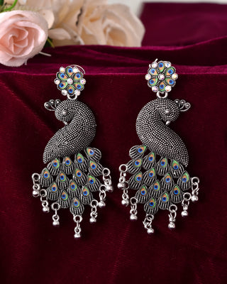 VOJ Silver Plated Oxidized Peacock Shaped Long Earrings - Distacart
