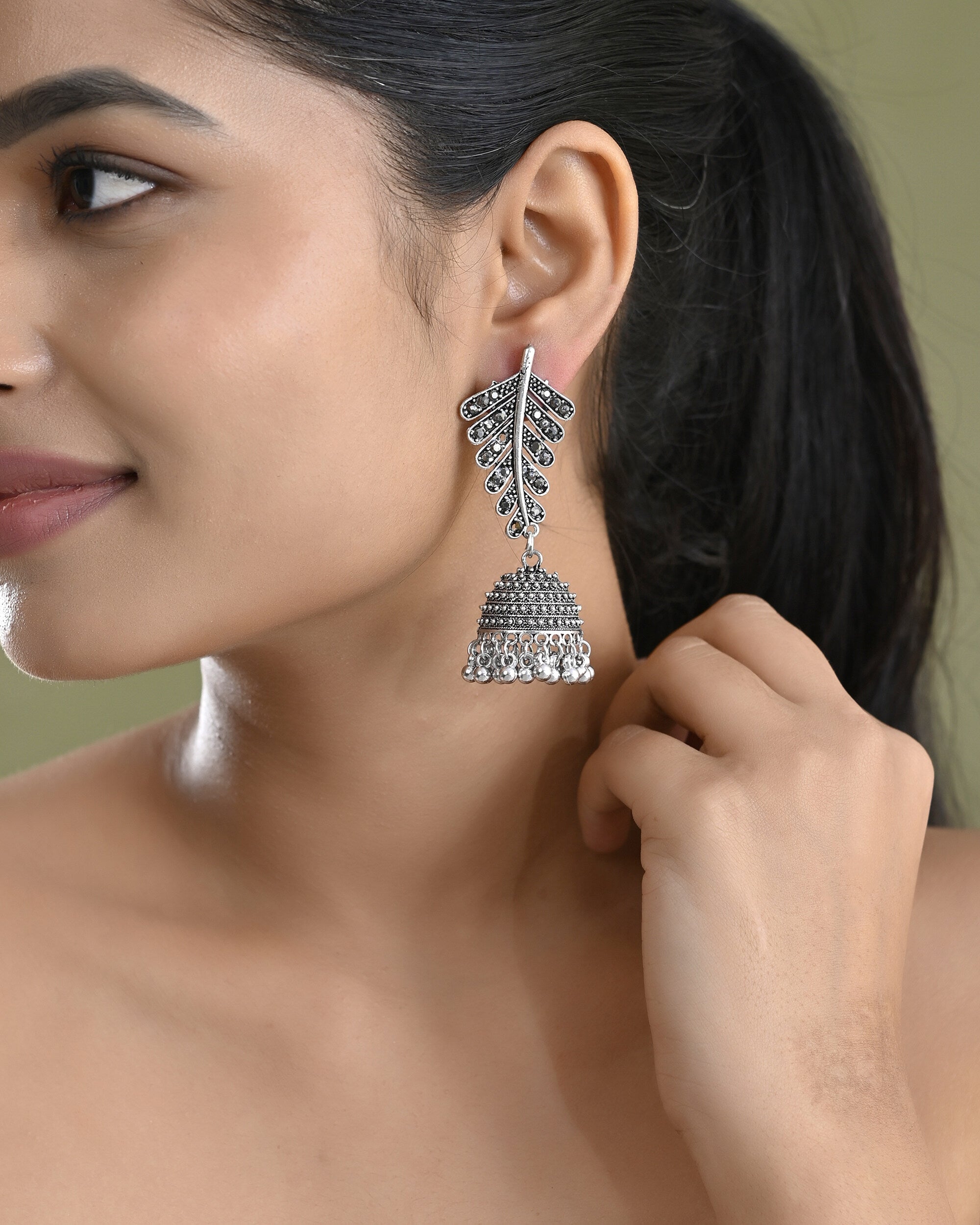 VOJ Silver Plated Oxidized Stone Studded Leaf Shaped Long Earrings - Distacart