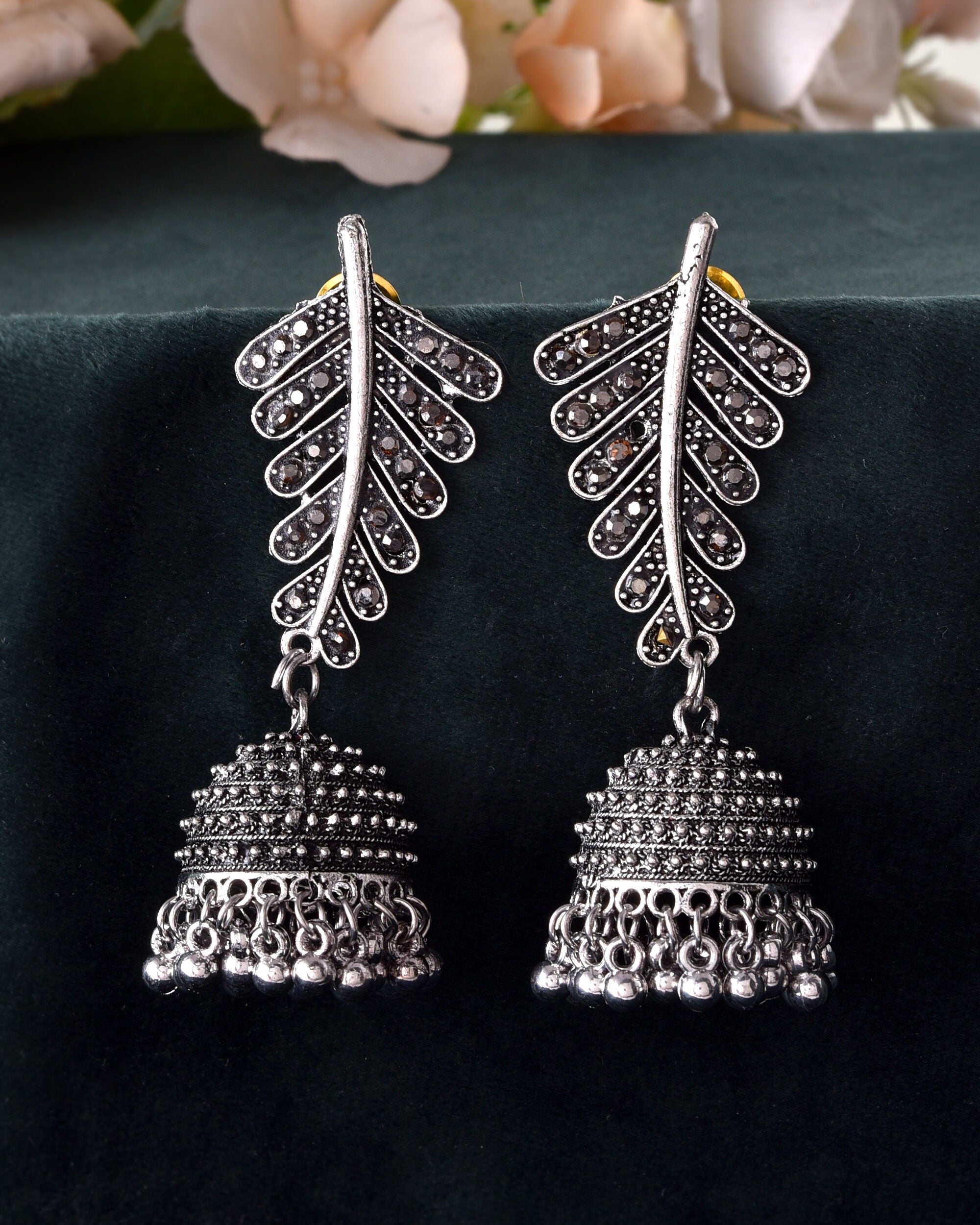 VOJ Silver Plated Oxidized Stone Studded Leaf Shaped Long Earrings - Distacart