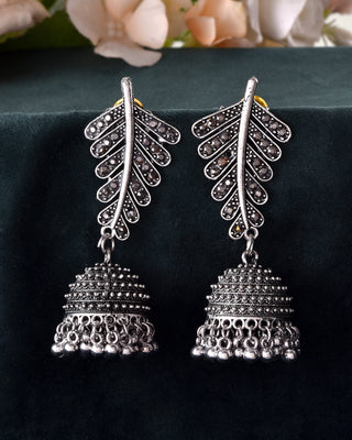 VOJ Silver Plated Oxidized Stone Studded Leaf Shaped Long Earrings - Distacart