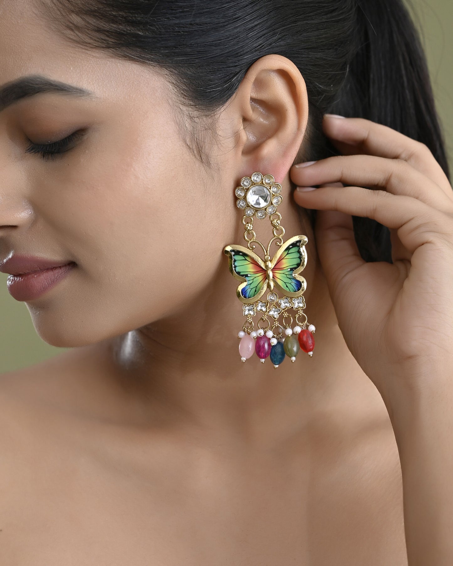 VOJ Gold Toned Multi colour Butterfly Shaped Long Earrings - Distacart